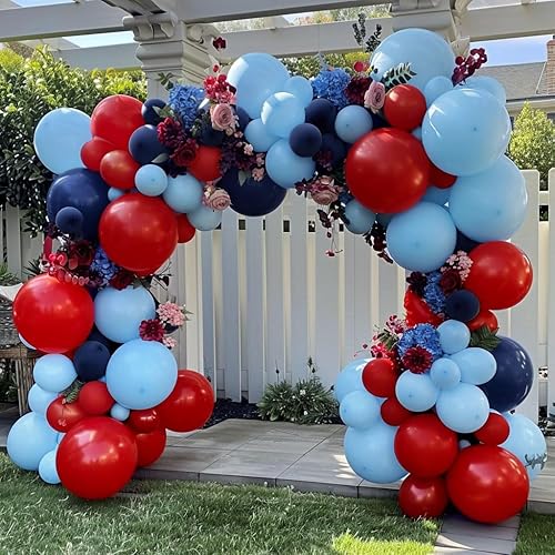 Miniatura 5 de Guirnalda de globos azul marino y rojo de doble relleno, globo azul macarrón rojo real, kit de arco de globos de látex rojo de alta calidad para