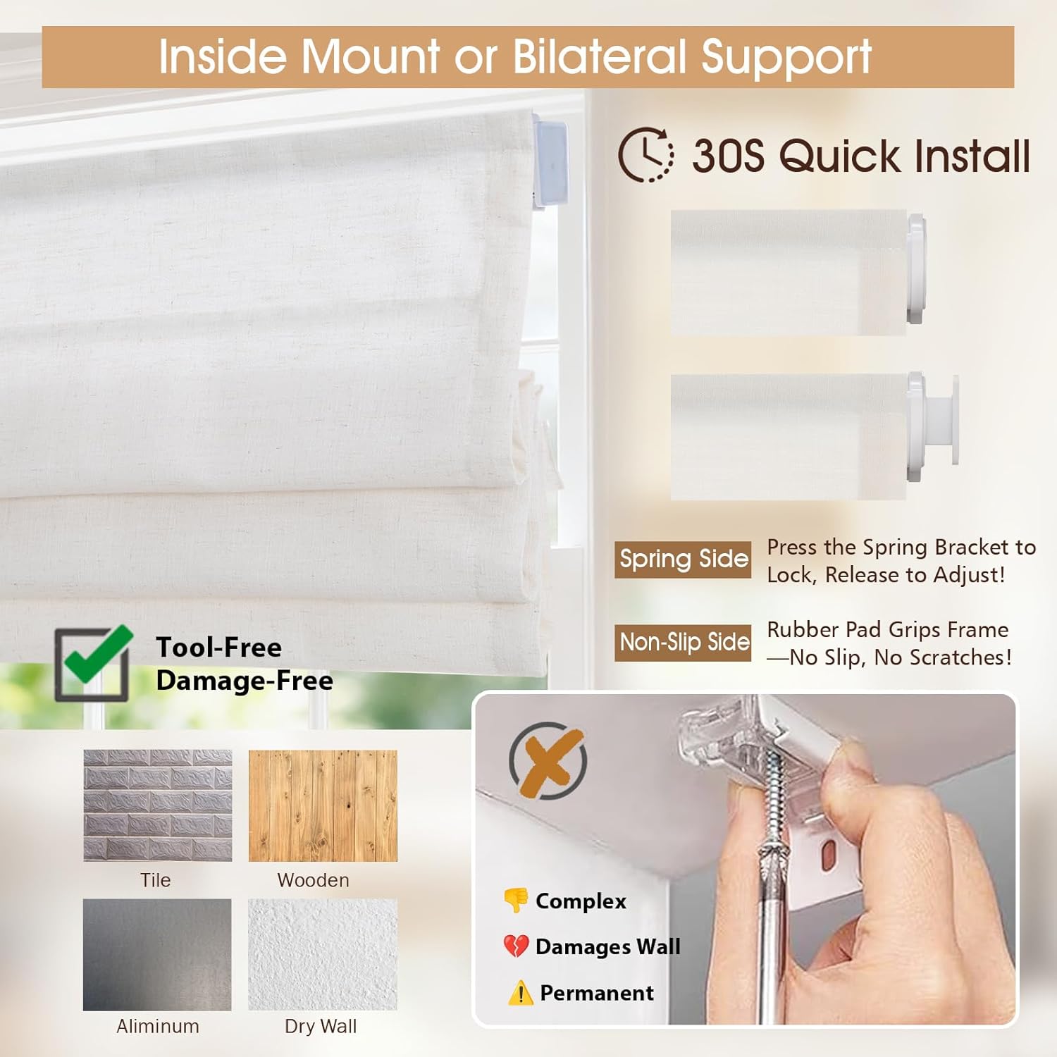 No Drill Roman Shades for Windows, Cordless Roman Shades Fabric Light Filtering, Blackout No Tools Blinds for Indoor Windows,Window Shades for Home Office, Badroom, Kitchen，Snow White
