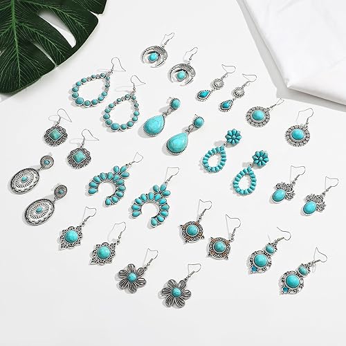 Miniatura 4 de NEWITIN 14 Pairs Turquoise Stud Earrings for Women Hypoallergenic Earrings Turquoise Jewelry Gemstone Oval Round Flower Shape Square Studs Turquoise
