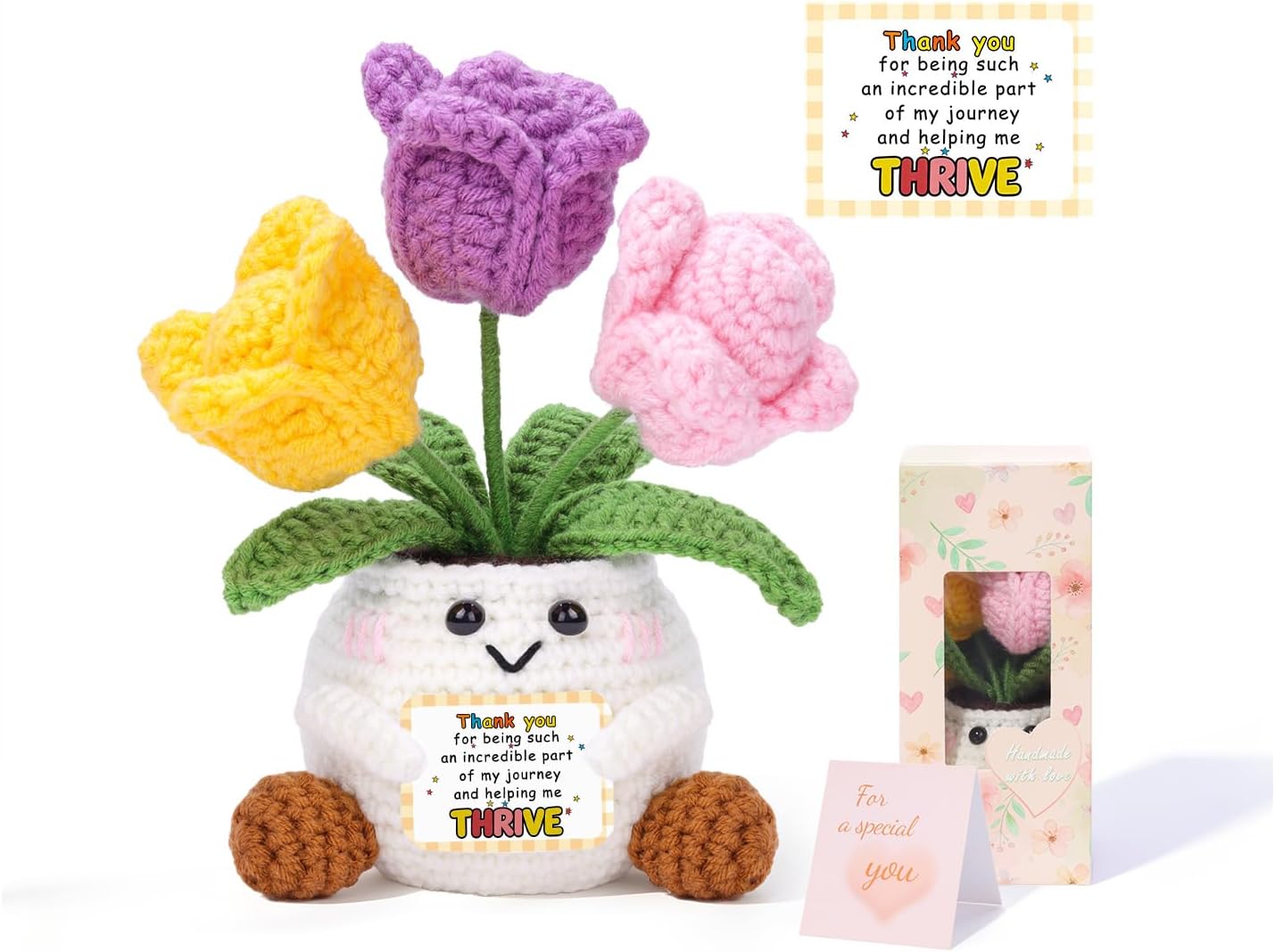 QINJIEJIE Positive Tulip Crochet Flower Thank You Gifts for Women Men