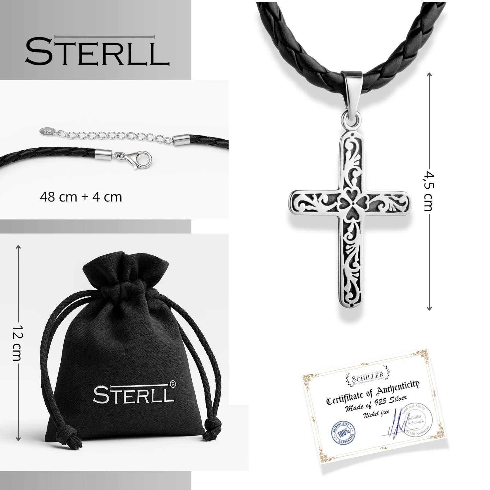 Collar Para Hombres Con Colgante De Cruz En Plata 925 Y Cuerda De Cuero Trenzado