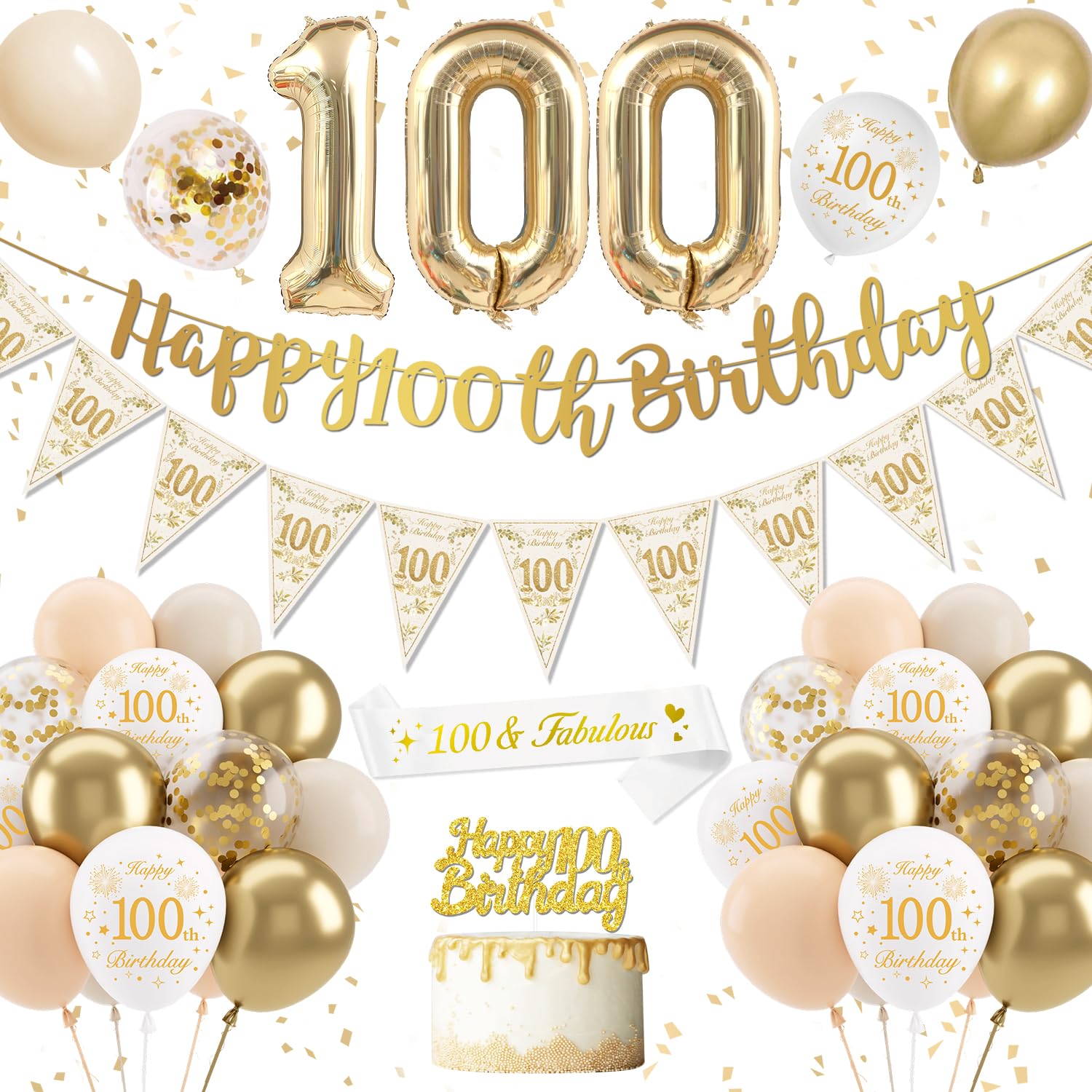 100th Birthday Decoration for Women Men, Gold White Birthday Balloons