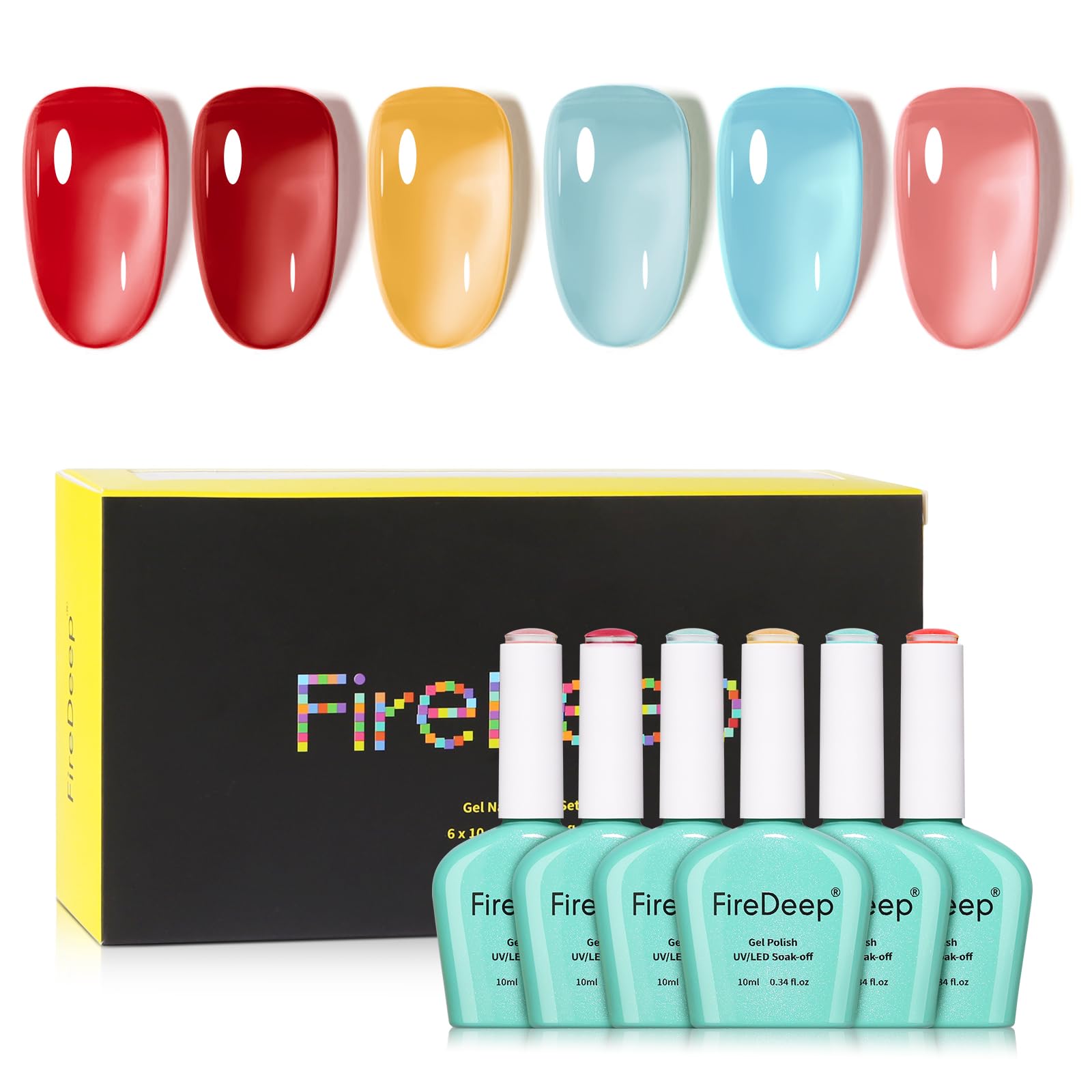 Firedeep Set Smalto Gel 10ml Senza HEMA 6 Colori Vivaci Rosa Rosso Blu Ciano Giallo Trasparente Soak Off LED UV Kit Nail Art Salone​