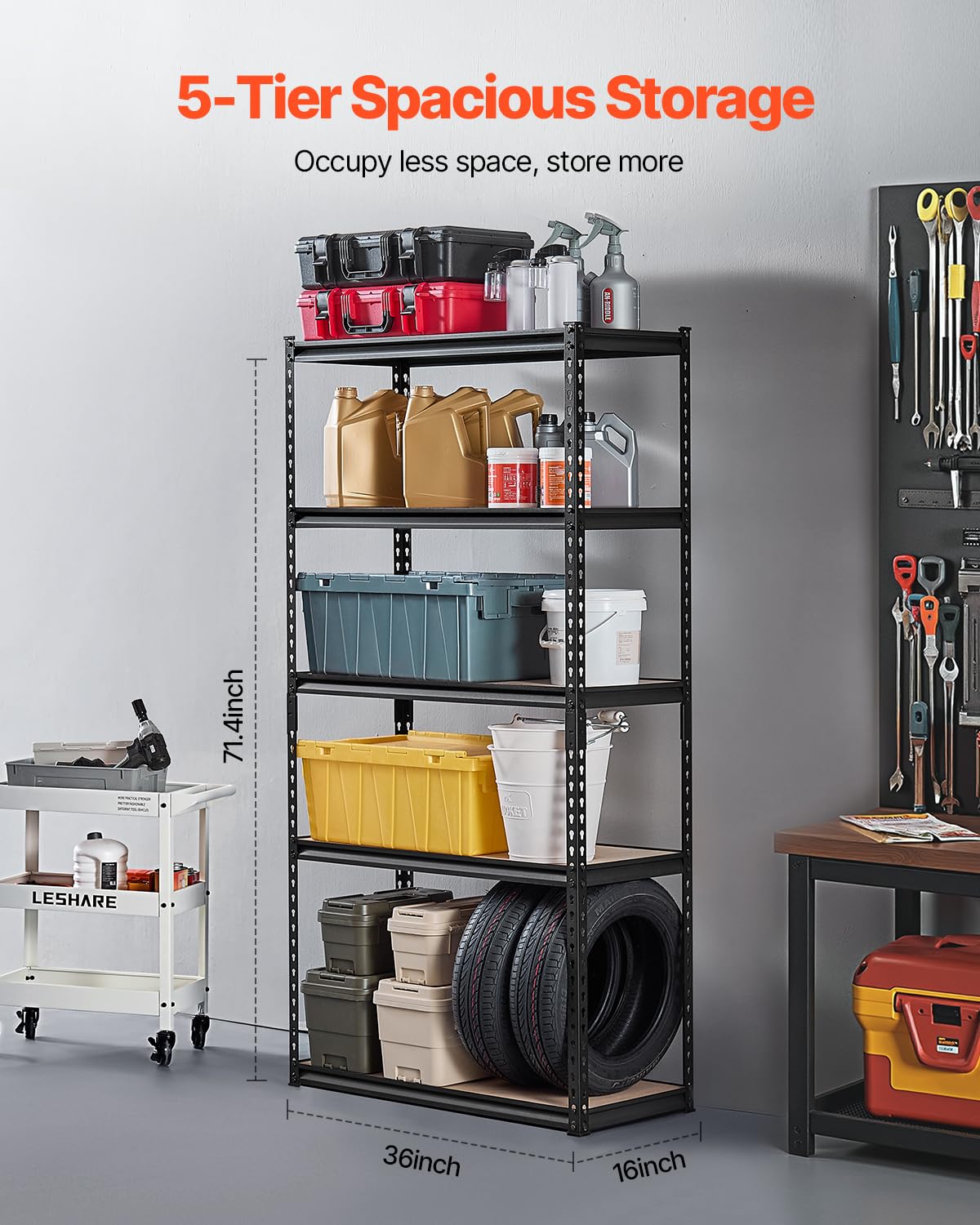 VEVOR Steckregal, 907 kg, 5-stufiges Garagen-Lagerregal, 406x914x1813 mm, Schwerlastregal, Werkstattregal, Metallregale für Garagenregale, Allzweckregal, ideal für Küche, Lager, Keller, schwarz