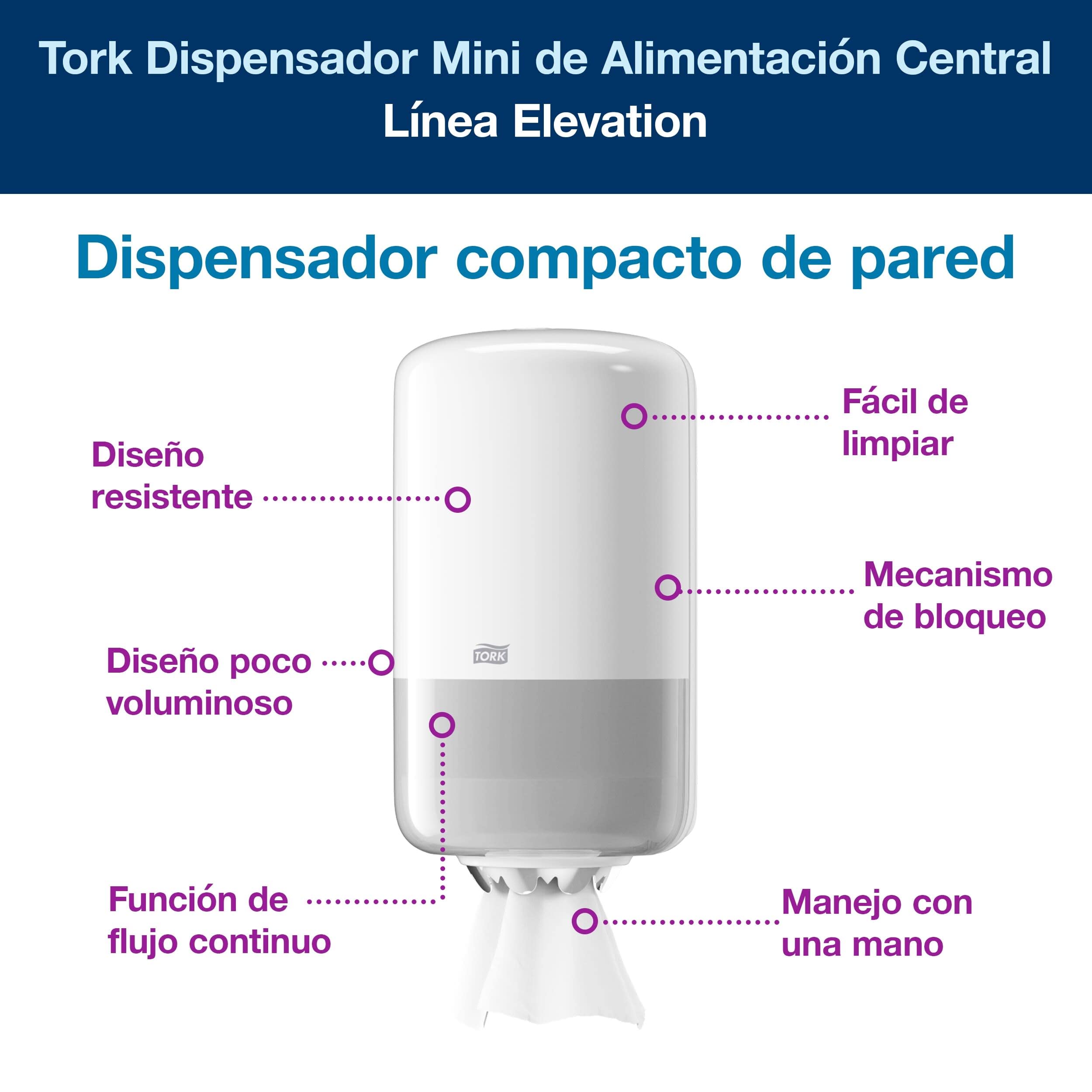 Tork 558000 Dispensador mini de alimentación central Elevation/Soporte de papel mecha compatible con el sistema M1 / Blanco