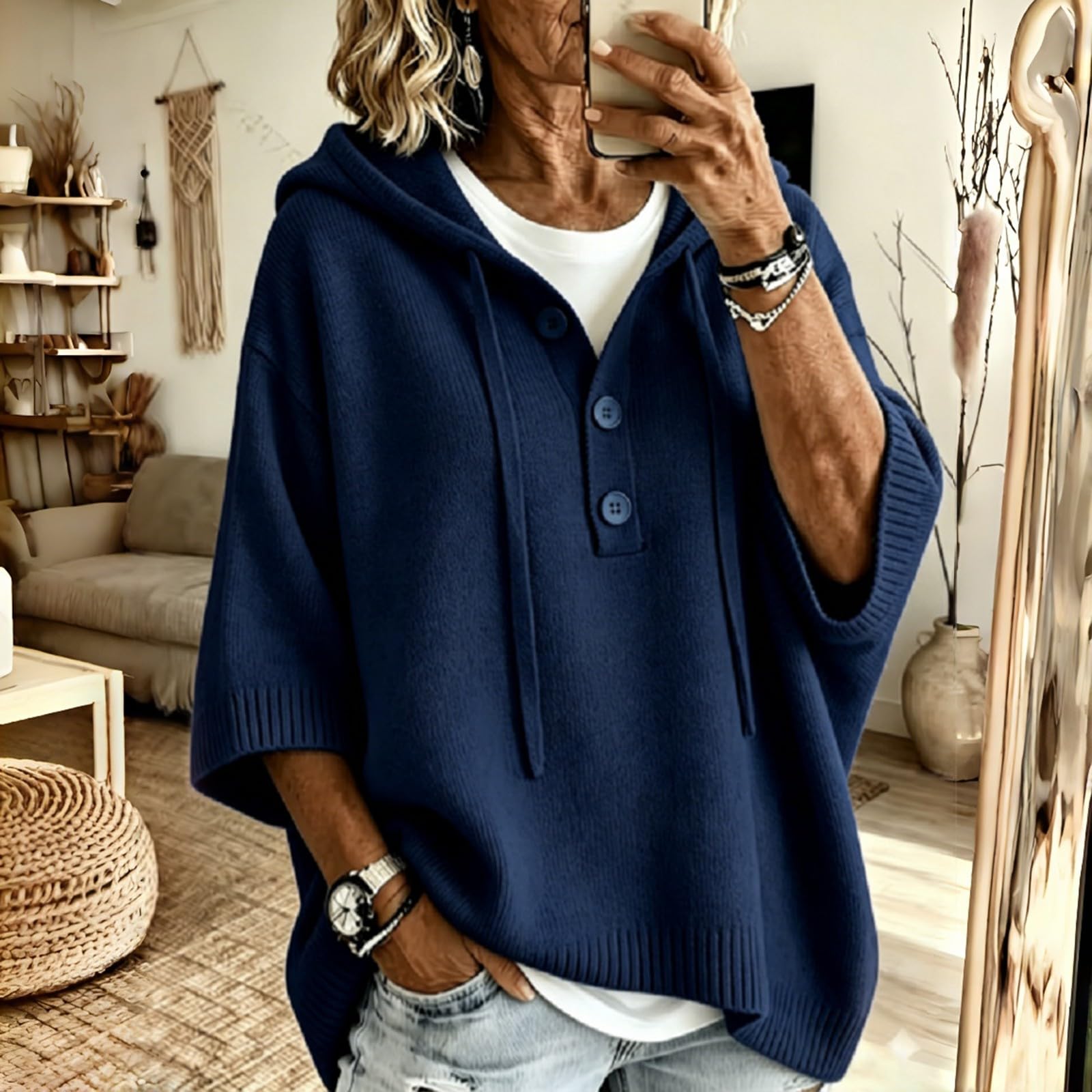Maglioni con maniche a 3/4 da donna con cappuccio con bottoni pullover