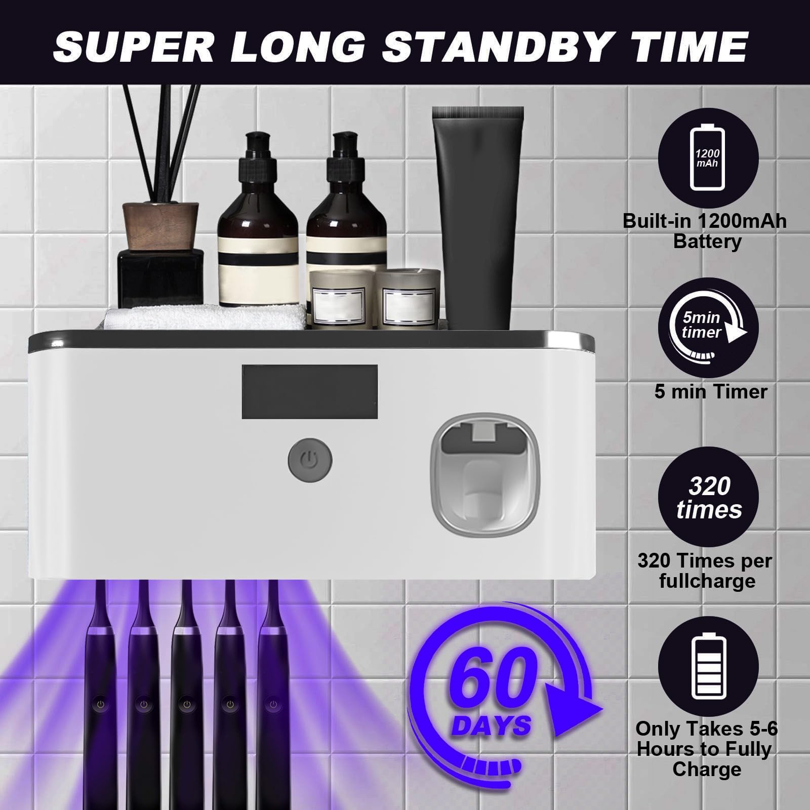 Spazzolino Igienizzante UV per 5 Slot, Porta Spazzolino Elettrico da Parete con Dispenser Dentifricio, Ricaricabile USB Sterilizzatore Portaspazzolino UV con Timer Porta Spazzolini Muro (Nero Grigio)