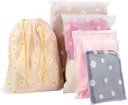10 Pcs Travel Storage Bags, 2 Pcs Drawstring Storage Bags and 8 Pcs Ziplock Bags, Reusable Clothes Storages Bag Waterproof Luggage Organiser Frosted Bag for Packaging Clothing Shoes 5 Size Mixing