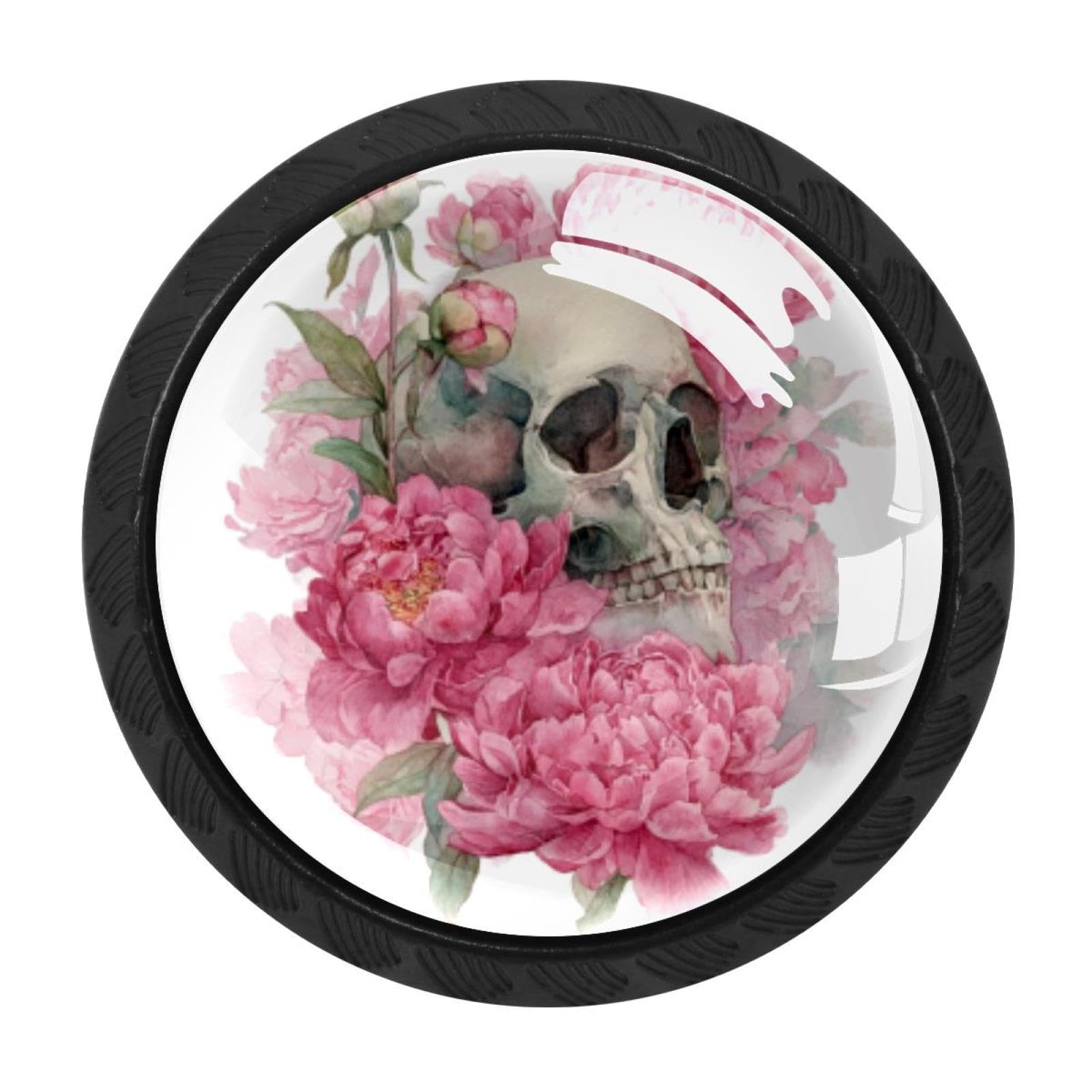 CHENZZZZ Watercolor Skull and Peonies Flowers (5) Colorful Drawer Pulls 4 Pcs Handle Glass Door Cabinet Knobs Home Office Kitchen Wardrobe Cupboard Hardware for Dresser Drawers