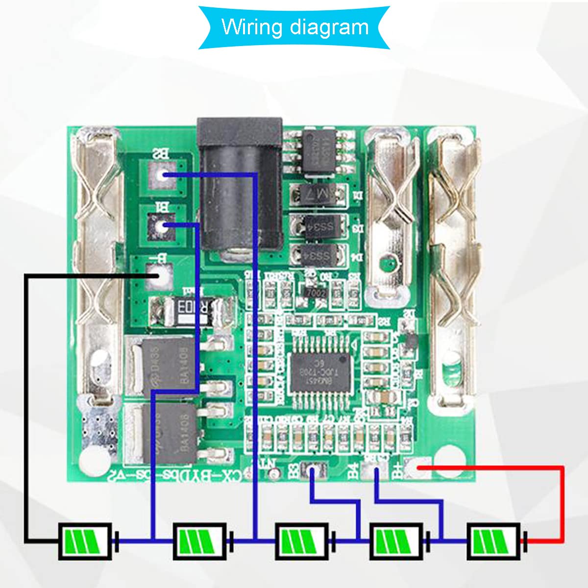 Example of the BMS board installed in a power tool battery pack, showing wired connections to individual cells