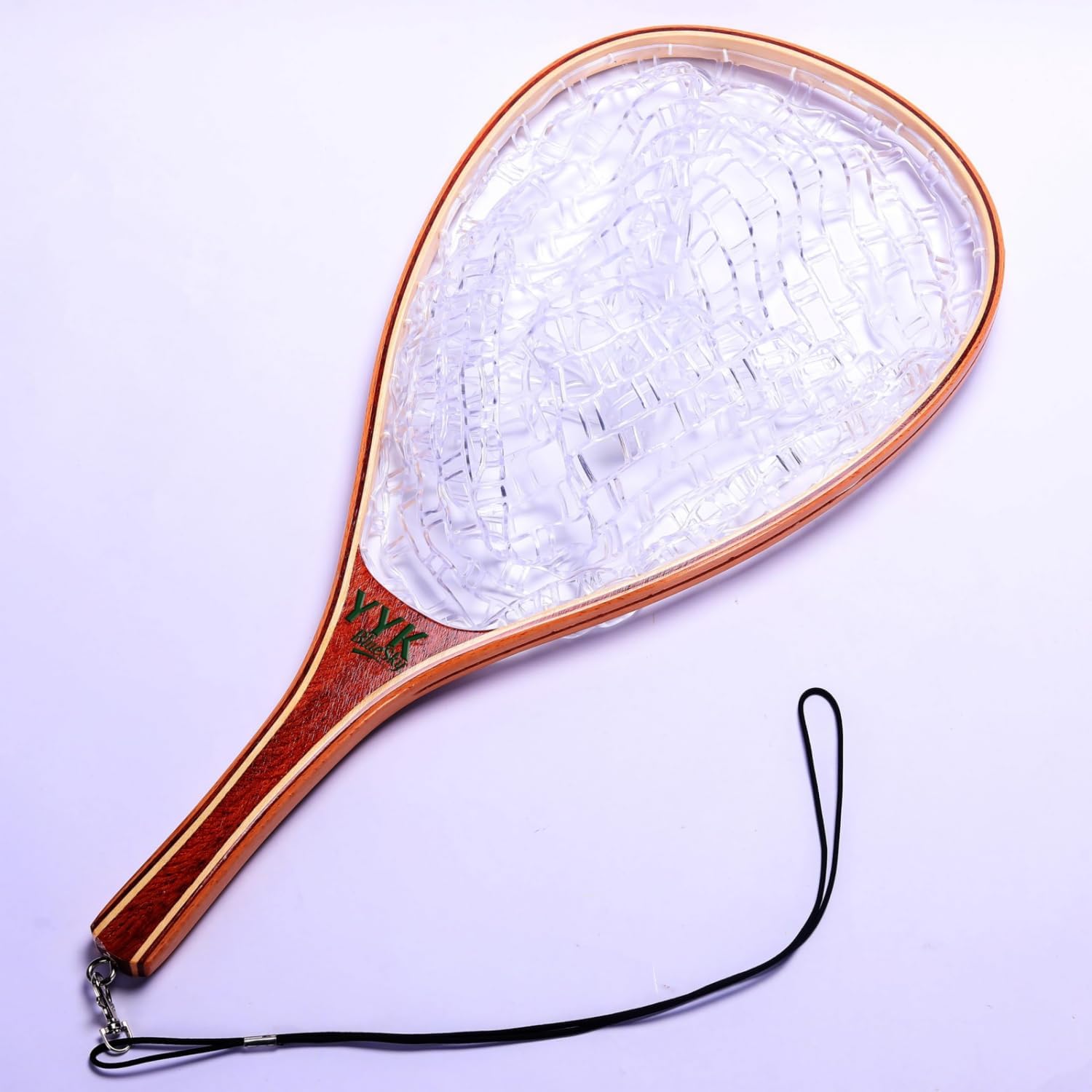 YYKBlueSky Fly Fishing Landing Net - Sturdy Wooden Frame & Soft Rubber Mesh, Portable with Lanyard for Trout, Kayak, Wade & Freshwater Angling