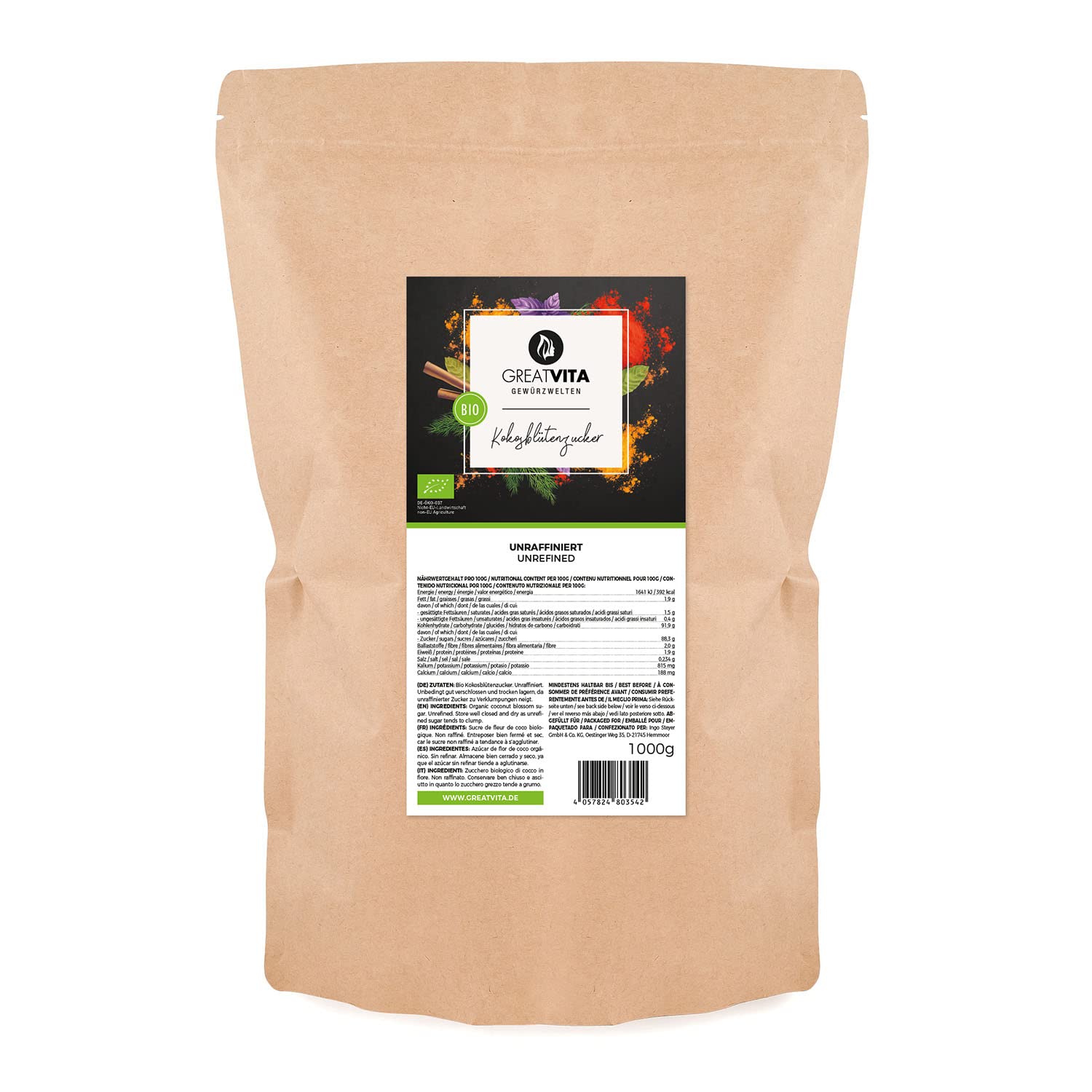Mea Vita Sucre de fleur de coco biologique, non raffiné, paquet de 3 (3x 1000g) dans un sac