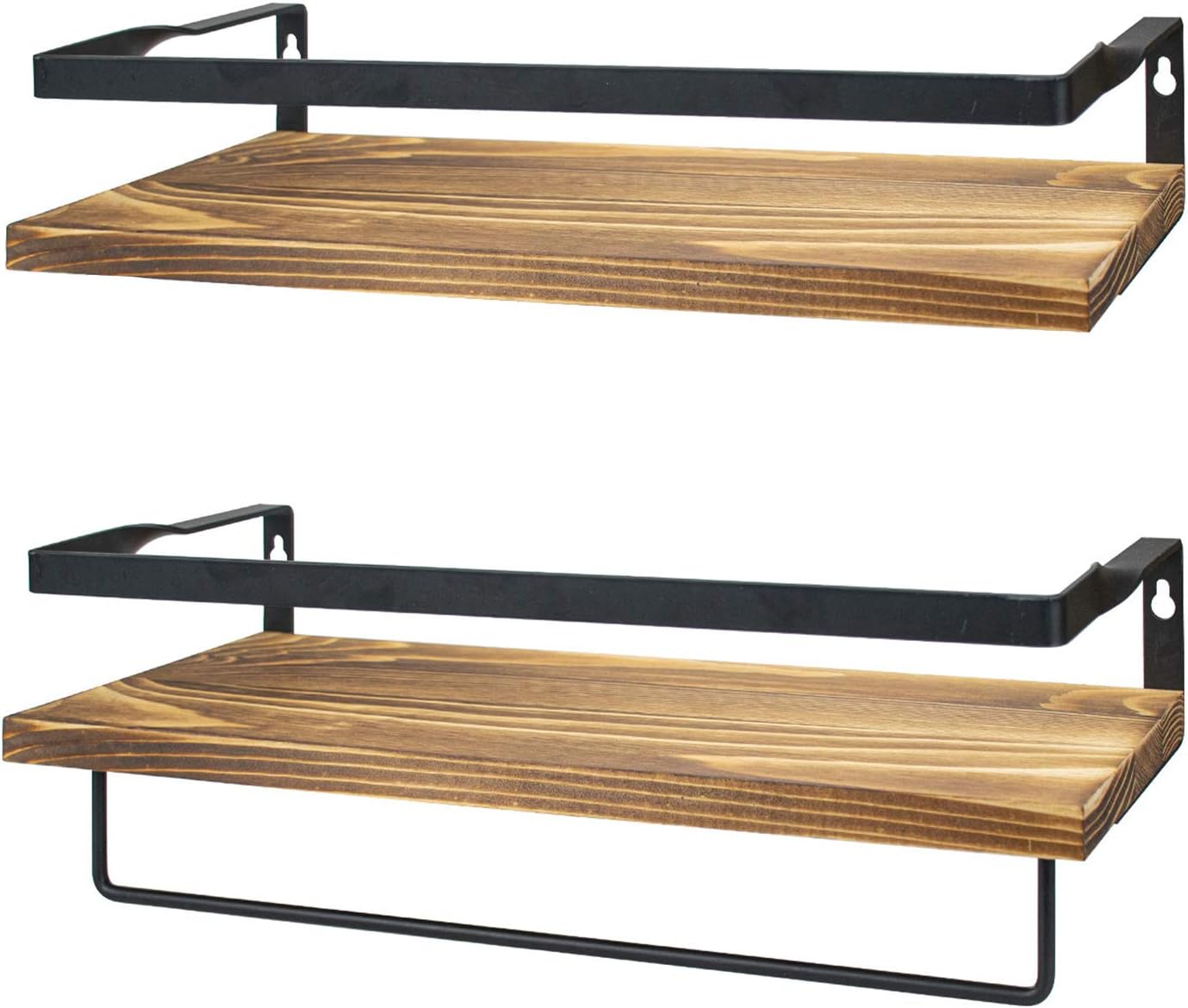 Foraineam 2 Pack Floating Wall Shelves with Towel Bar - Rustic Wood and Metal Storage Shelves - Wall Mounted Display Racks for Kitchen Bathroom Bedroom Living Room