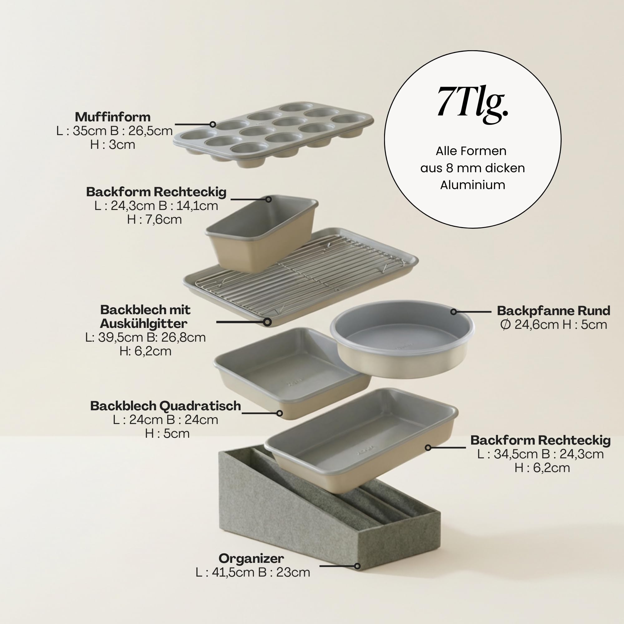 Zoha Backform- und Ofenset 7-teilig - All-in-One Komplettbackset Aluminium mit Organizer - Antihaft-Keramikbeschichtung bis 290°C hitzebeständig - PFAS- und PTFE-frei