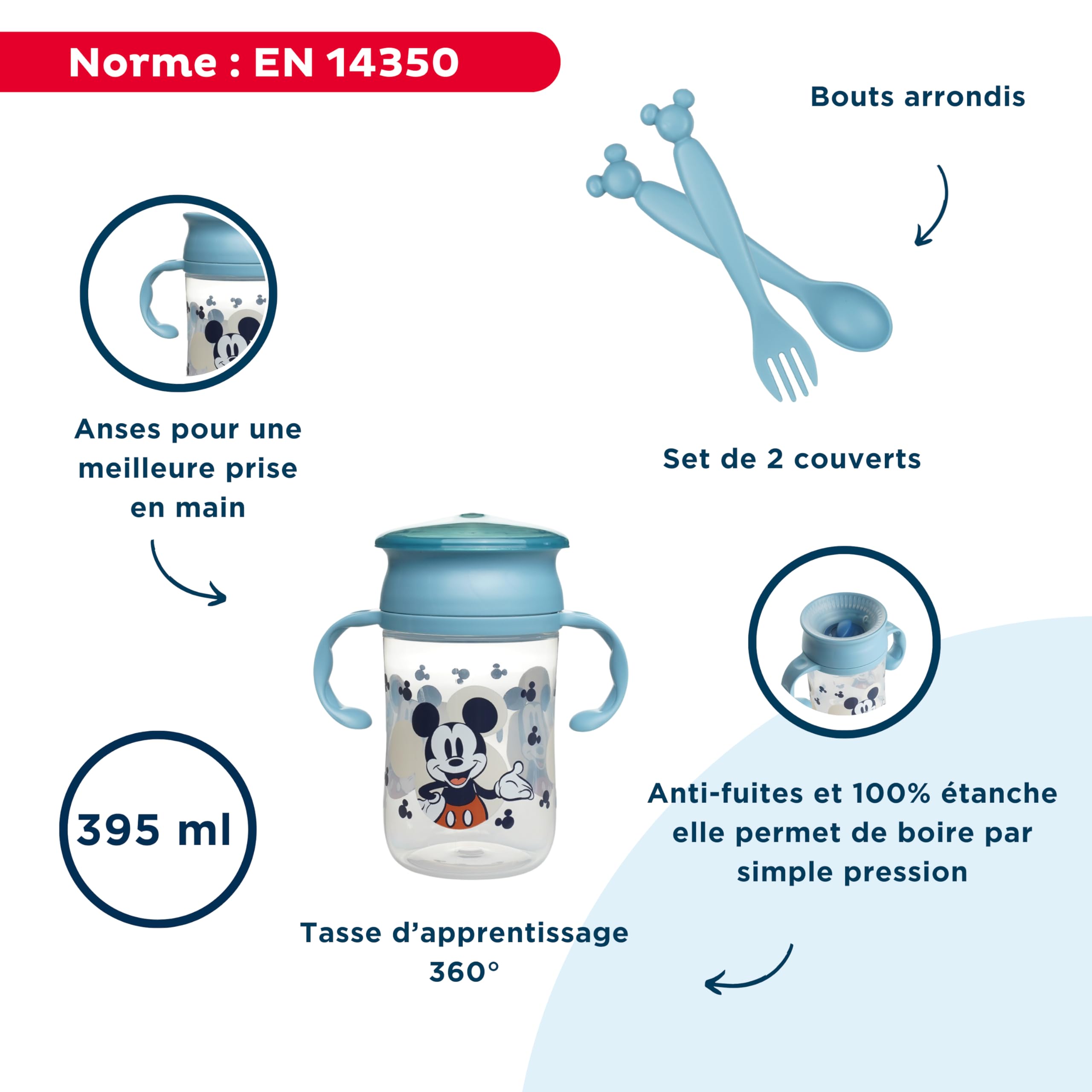 Set De Vaisselle Pour Enfants DISNEY Mickey – Assiette Compartimentée - Bol - Cuillère - Fourchette Et Tasse D'Apprentissage 360° – Design Amusant Et Pratique Pour Repas Bébé