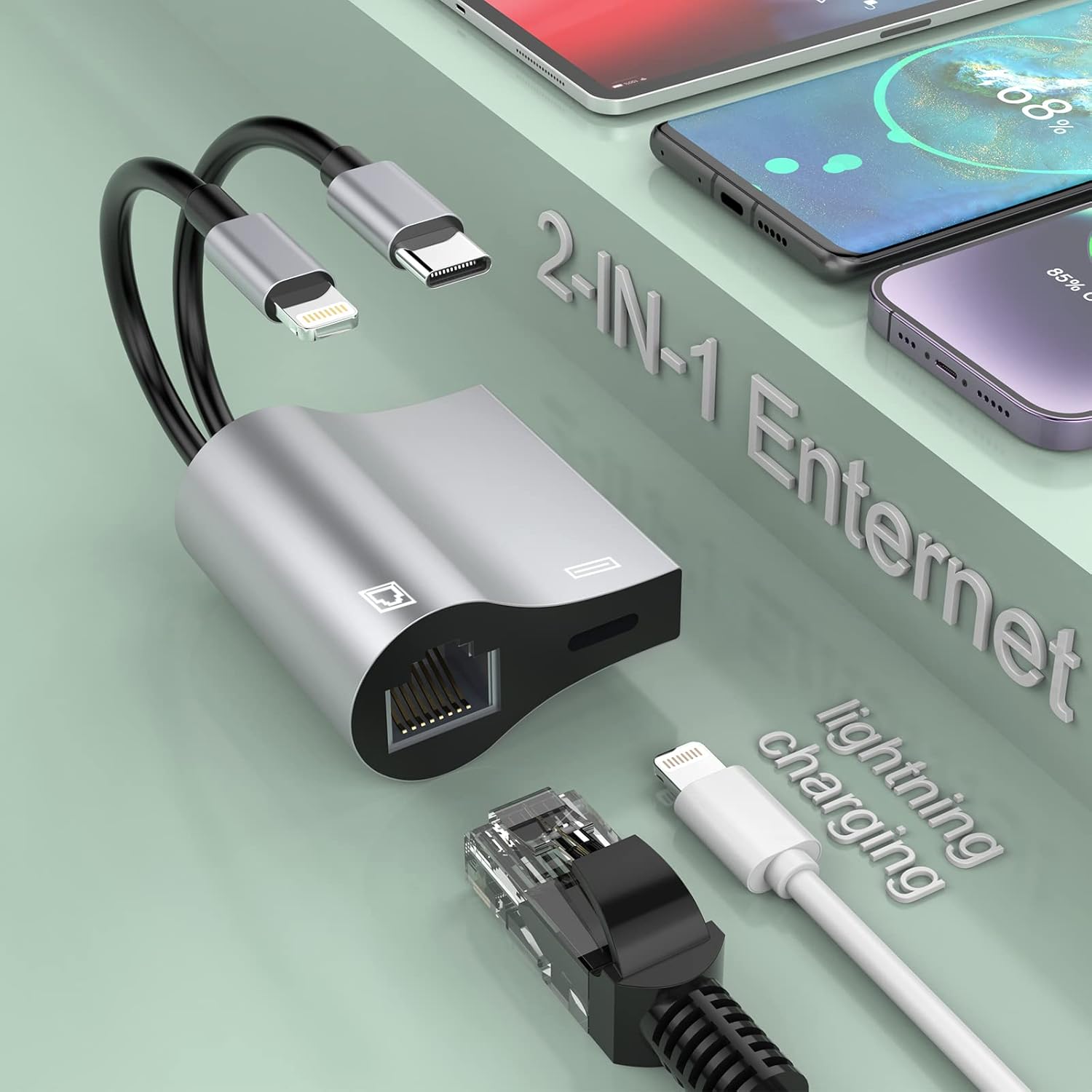 2IN1 Lightning/USB C to Adapter,RJ45 100Mbps LAN