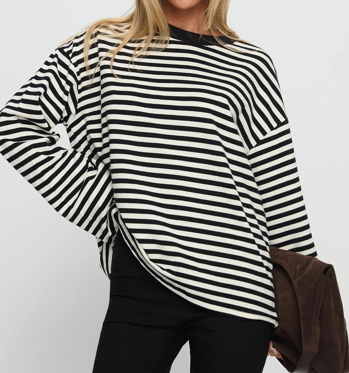Lacozy Womens Striped Sweatshirt Oversized Crew Neck Color Block Long Sleeve Shirt Loose Fit Tops Fall Fashion - Image 3