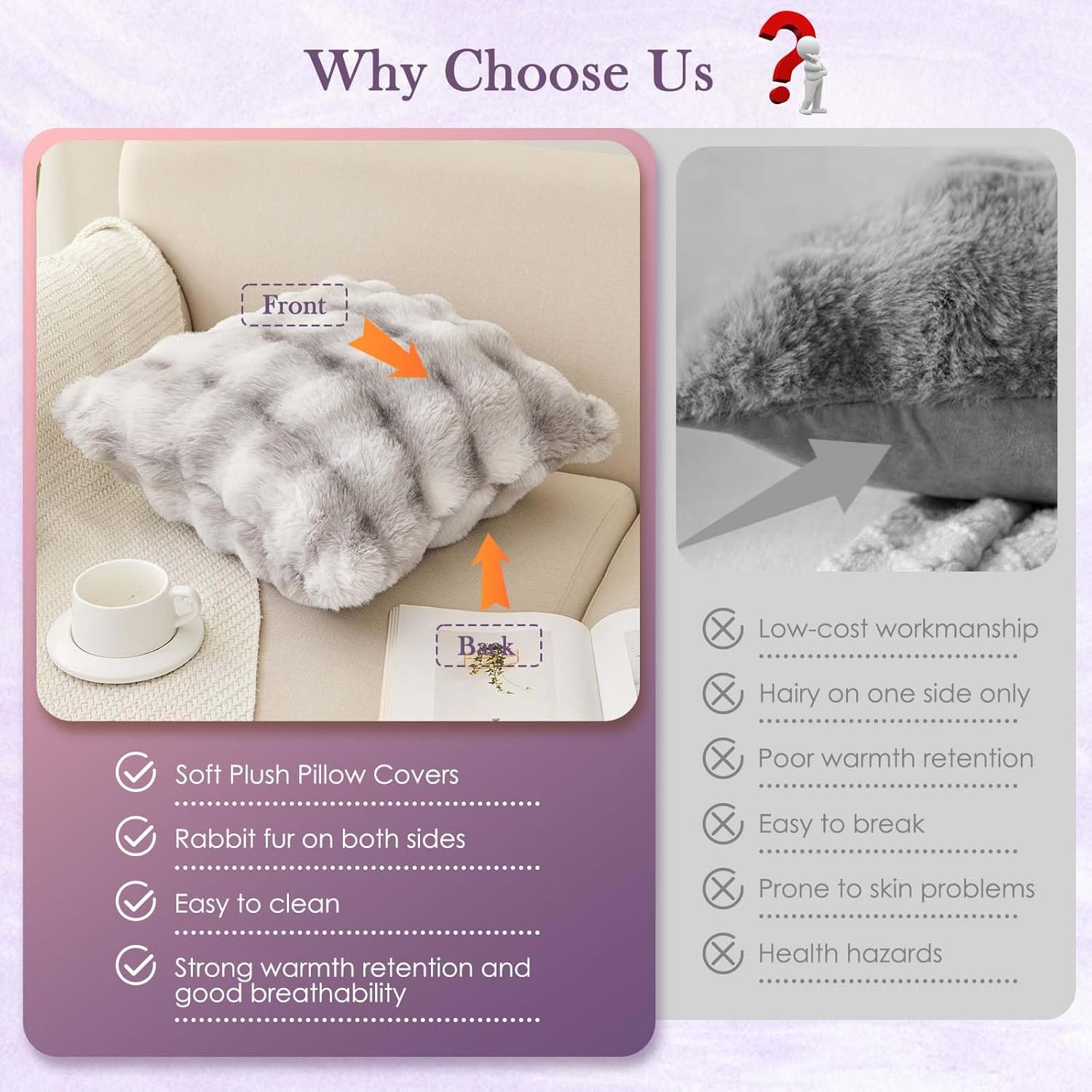 LiveGo Throw Pillowcase Decorative Throw Pillow Covers 18x18 Inch Set of 2,Soft Fuzzy Faux Rabbit Fur Cushion Covers with Raised Texture Home Decor for Couch Bed Living Room (2, Gradient Gray)