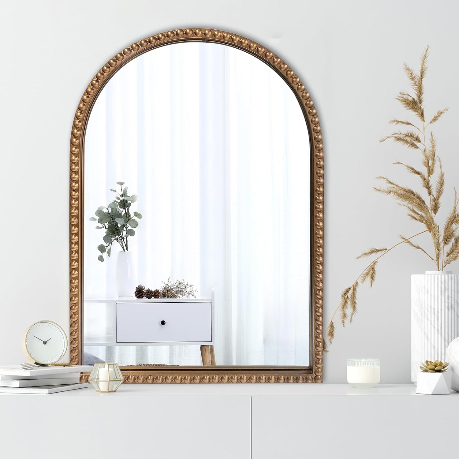 ironsmithn Gold Arched Mirror, 20"x30" Beaded Frame Arch Mirrors, Marlowe Decorative Accent Mirrors for Bathroom Fireplace Bedroom Living Room, Entryway, Antique Gold 30"L x 20"W