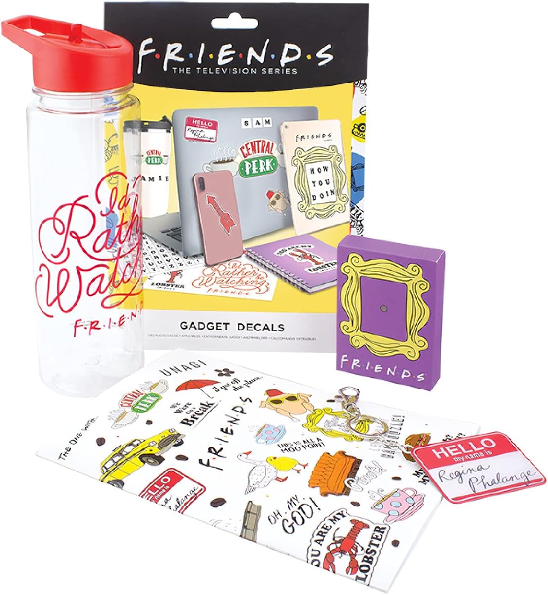 Set de regalo para fans de Paladone Friends | Incluye cuaderno, botella de agua, calcomanías, llavero Regina Phalange y baraja de cartas | Mercancía con licencia oficial | Llavero y baraja de cartas de Regina Phalange, producto con licencia oficial