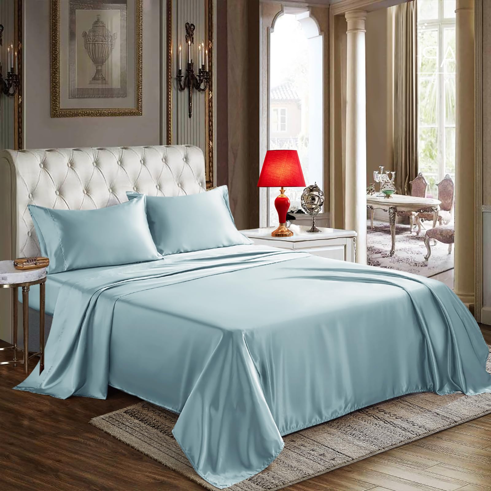CozyLux Satin Sheets King Size - 4 Piece Light Blue Bed Sheet Set with Silky Microfiber, 1 Deep Pocket Fitted Sheet, 1 Flat Sheet, and 2 Pillowcases - Smooth and Soft