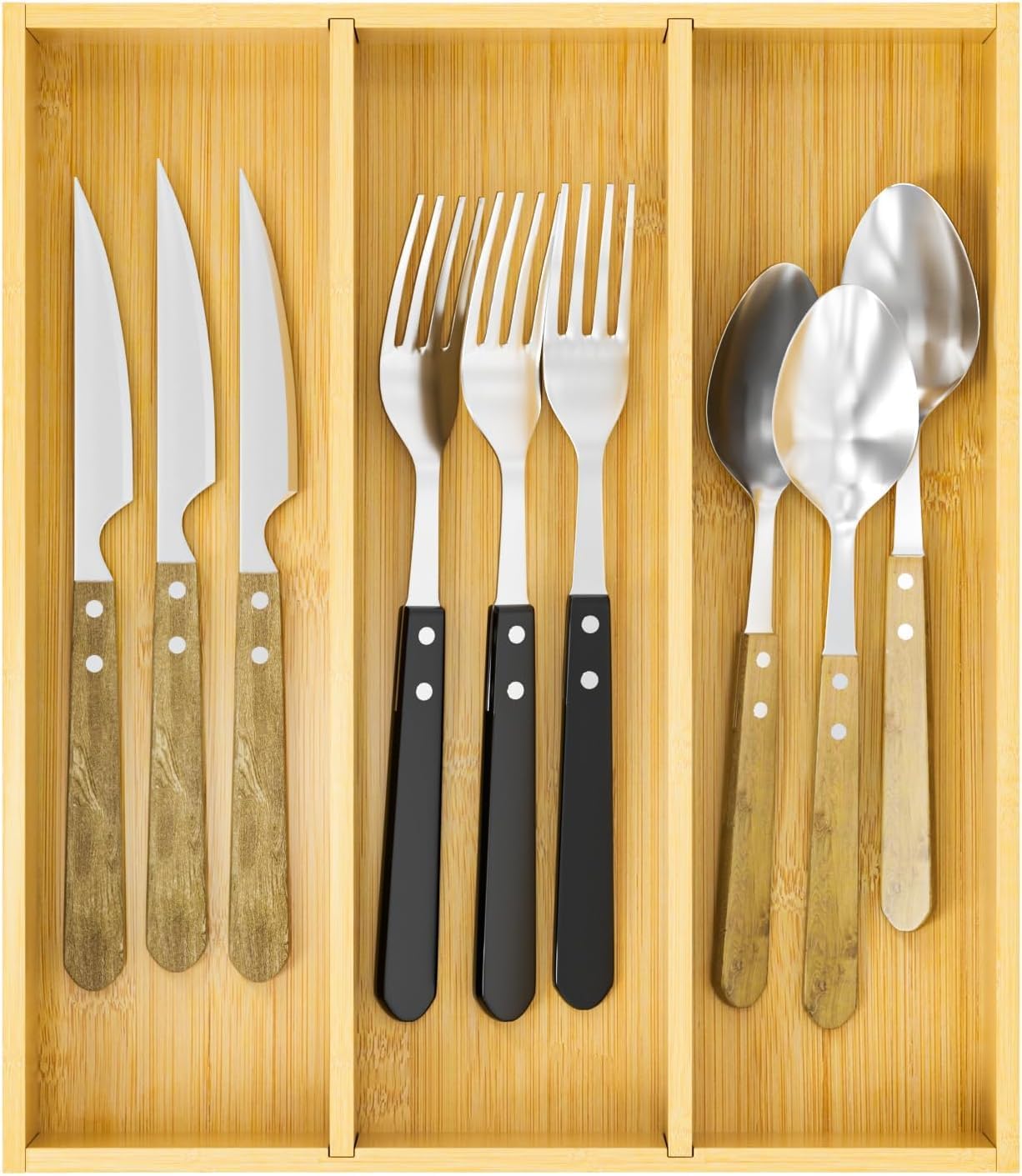 Bamboo Utensil Organizer for Kitchen Drawers, Utensil Tray and Cutlery Silverware Holder,Wood Drawer Dividers with 7 Slots（2 pack）