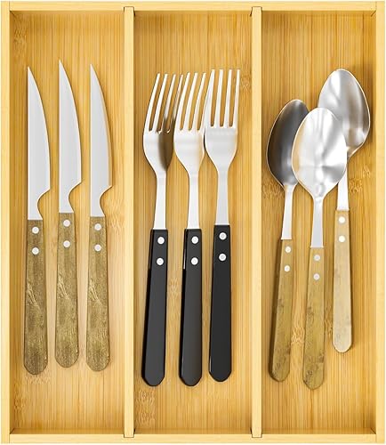 Organizador de utensilios de bambú para cajones de cocina, bandeja de utensilios y soporte para cubiertos, separadores de cajones de madera con 3