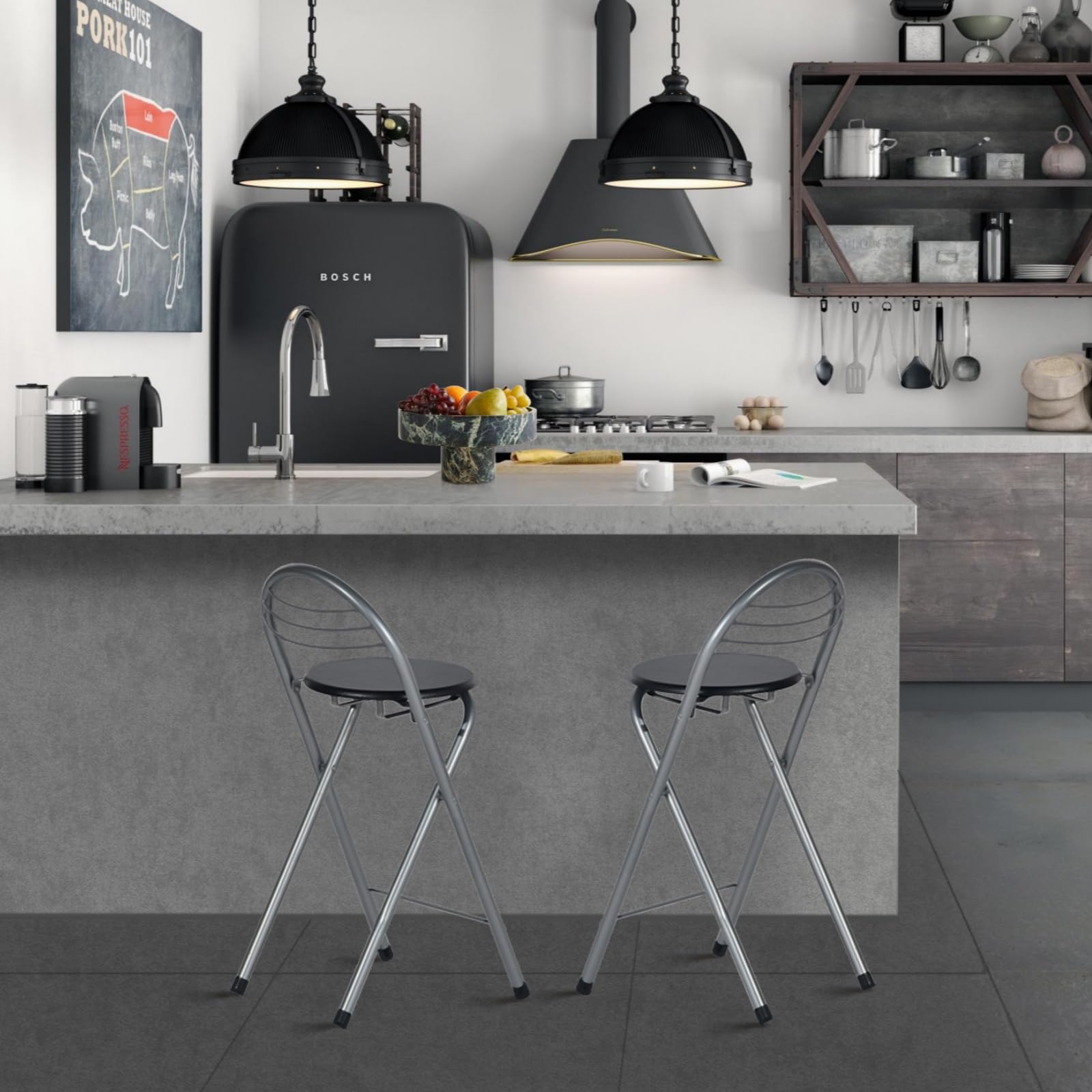 Barhocker Klappbar 2er Set, Klappbarer Barhocker mit Lehne Faltbar Klapphocker Tragbarer Hocker Klappbar für Bar Küche Balkon oder Outdoor, Sitzhöhe 61 cm, Schwarz und Silber
