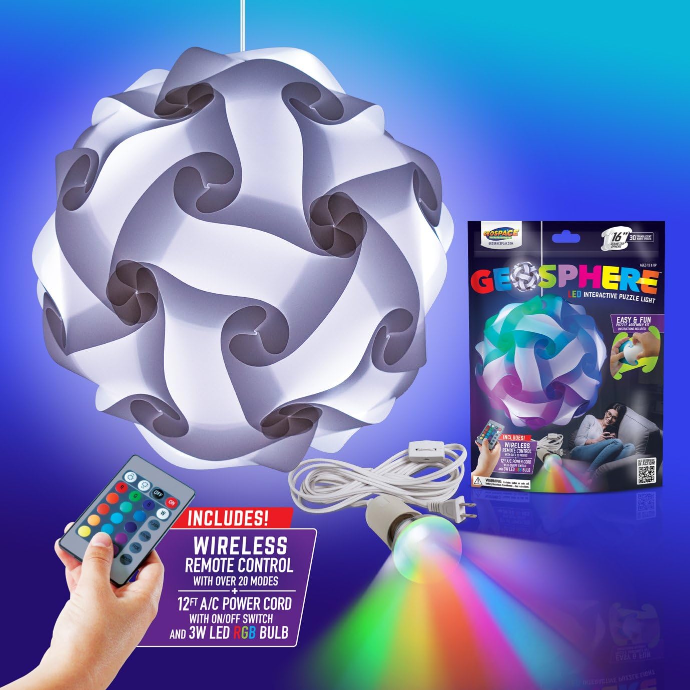 Geospace Geosphere Puzzle Lamp with Led Bulb & Remote (30 Piece), 16", White