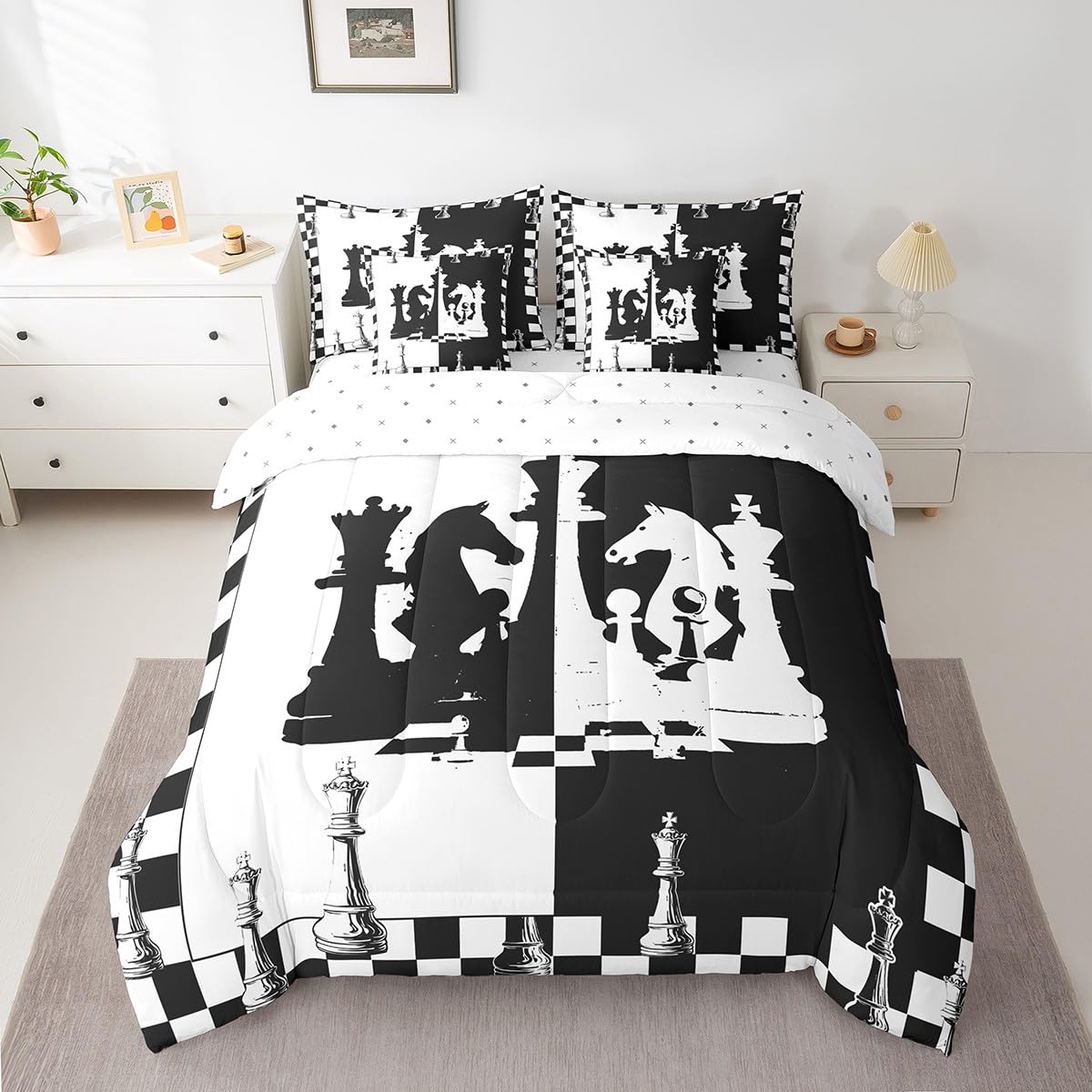 Parure de lit 7 pièces échecs en textile premium pour lit d'enfant