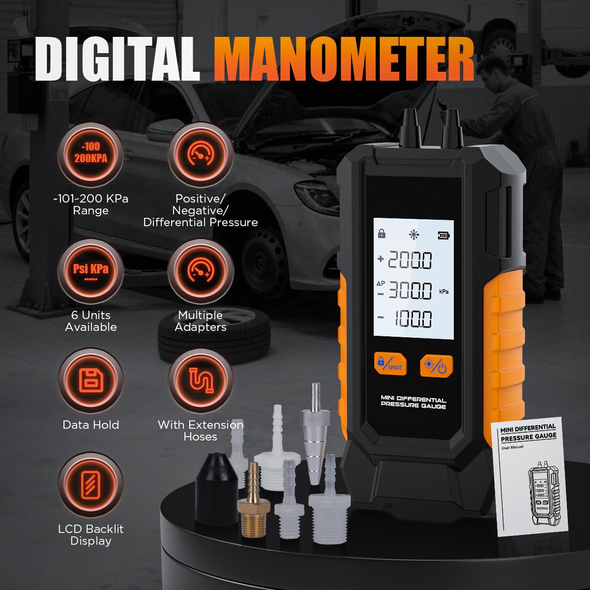 Manometer Gas Pressure Tester -101 to 200KPa Digital Manometers Dual-Port Gas Manometers HVAC with Auto Calibration, Backlight LCD Display, Data Hold Air Pressure Meter