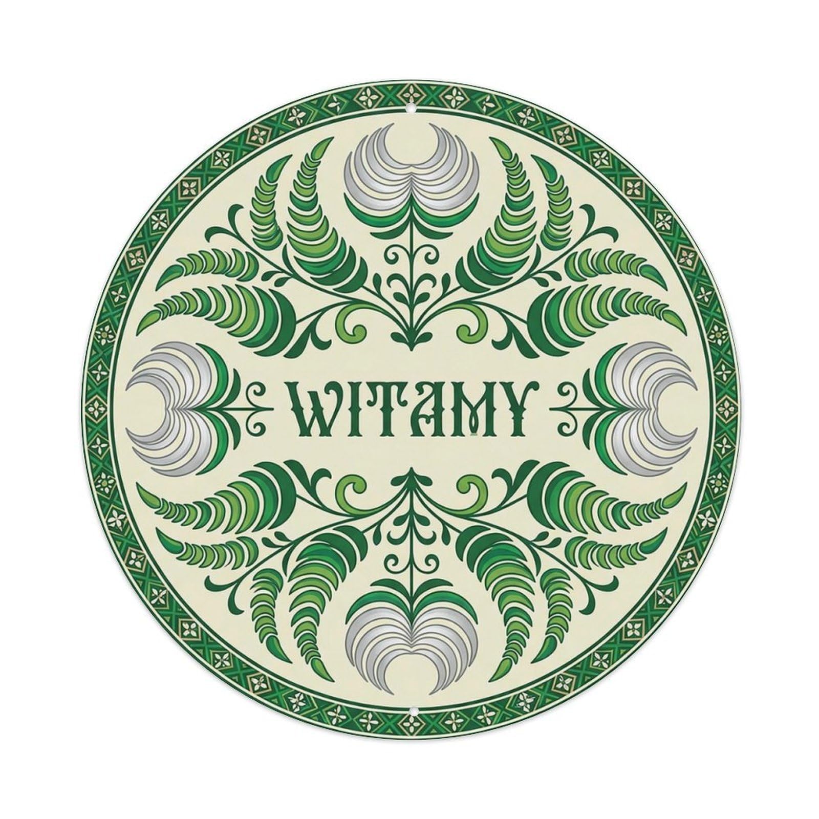 Vintage Polish Folk Art Witamy Welcome Moon Fern Metal Tin Sign