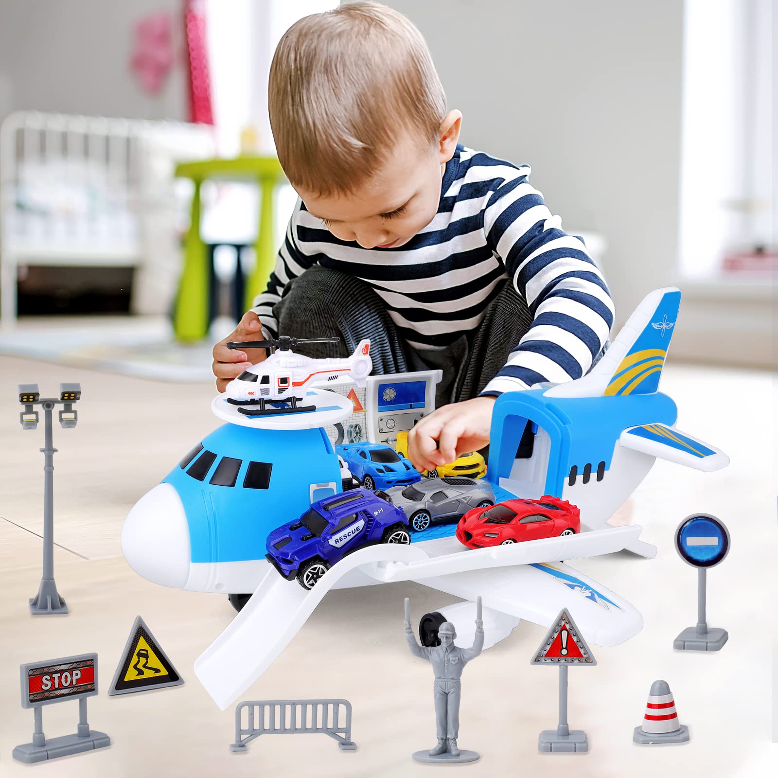 deAO Trasporto Aereo e Set di Giocattoli per Auto, Trasporto Aereo Macchinina Aerei Giocattolo per Bambini con 6 Mini Macchinina10 Segnali Stradali Elicotteri per Bambini