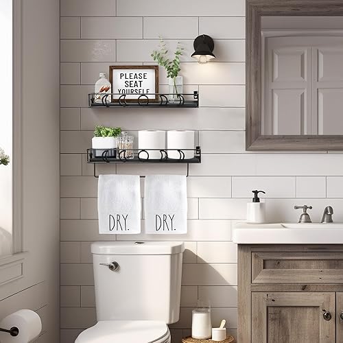 Miniatura 4 de Y&ME YM Moon Phase - Estantes flotantes para baño, organizador de pared para baño, estantes de baño montados en la pared con toallero negro,