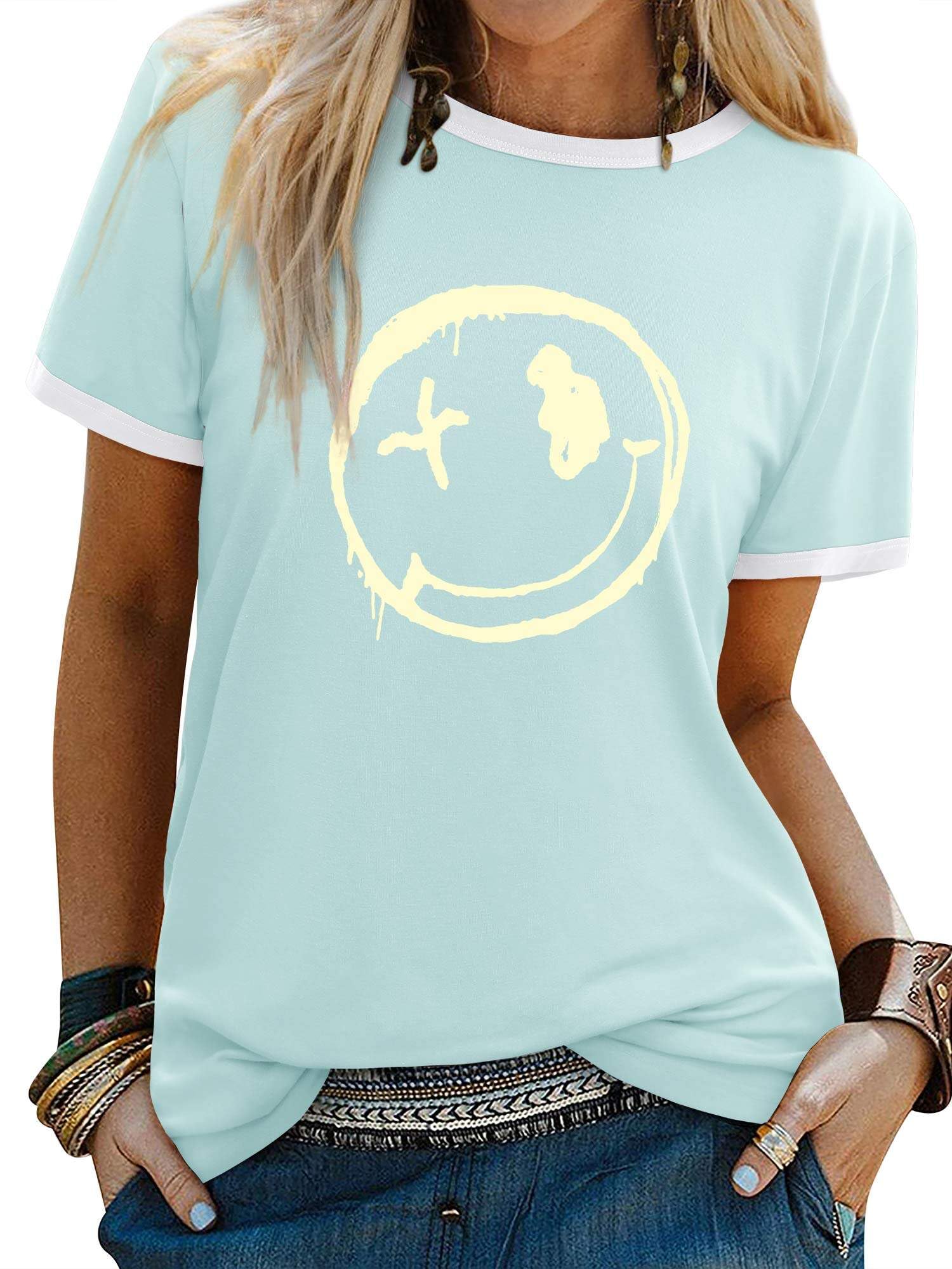 WIEIYM Tshirt Damen Oberteile Kurzarm Tshirts Sommer Damen T-Shirt Rundhals Hemd Leichtes Shirt Gedruckt Lässig Tee Tops Bluse