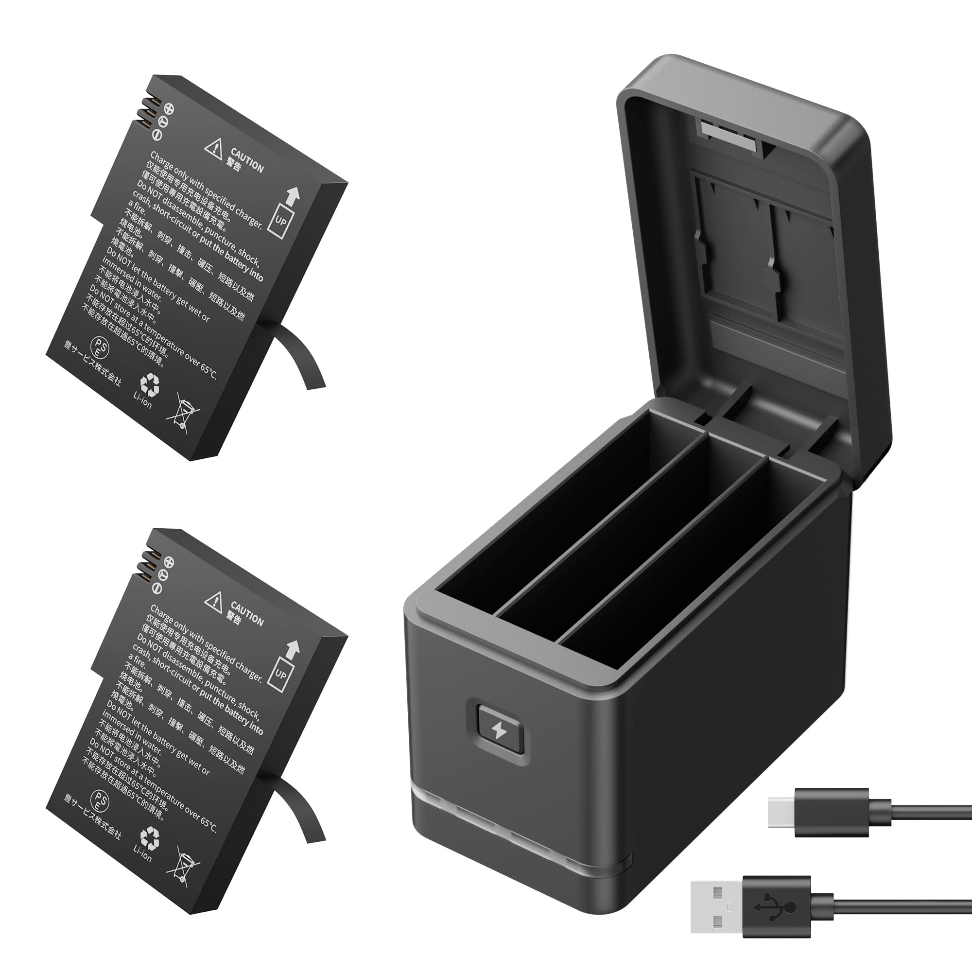 2 x 1350mAh Rechargeable Battery with 3-Channel Charger Case for AKASO 360 Camera, MicroSD Card Storage Slots