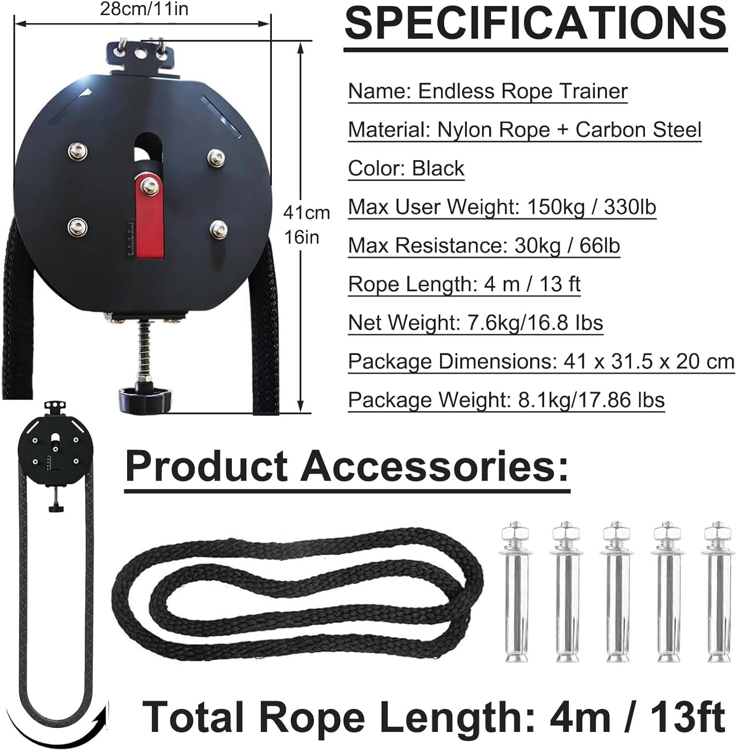 Endless Rope Trainer, Suspension Pulley Cable Machine with Adjustable Resistance, Pull Rope Fitness Training Equipment, for Physical Training