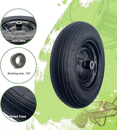 Miniatura 4 de Paquete de 2 neumáticos de carretilla de 14.5 pulgadas. Neumáticos y ruedas de 3.50-8 pulgadas con cubo central de 3 a 6 pulgadas y bujes de 34