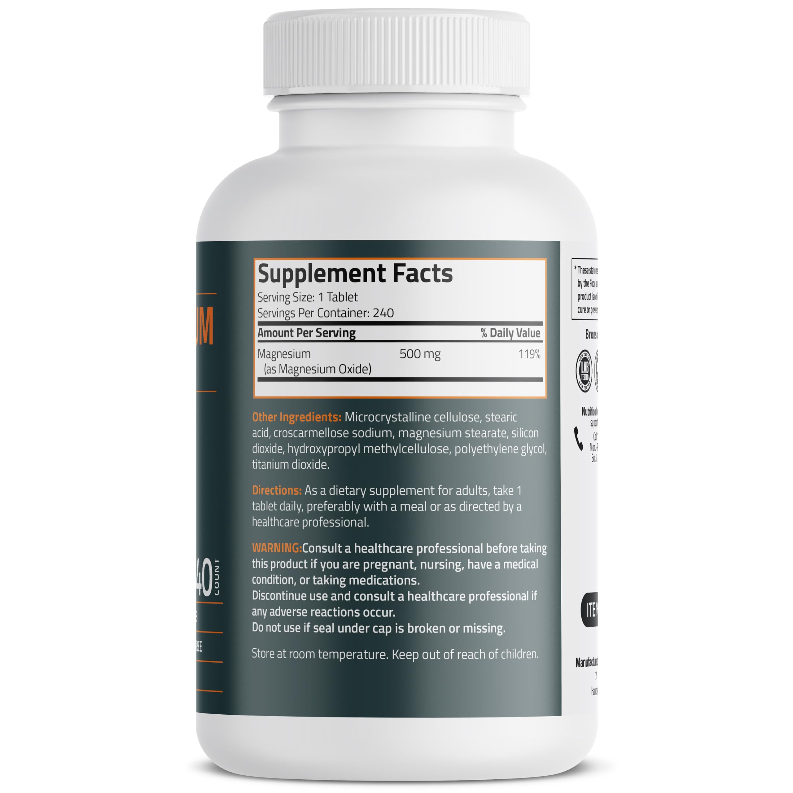 Bronson Magnesium 500 mg as Magnesium Oxide, 240 Vegetarian Tablets — Amazon image 2