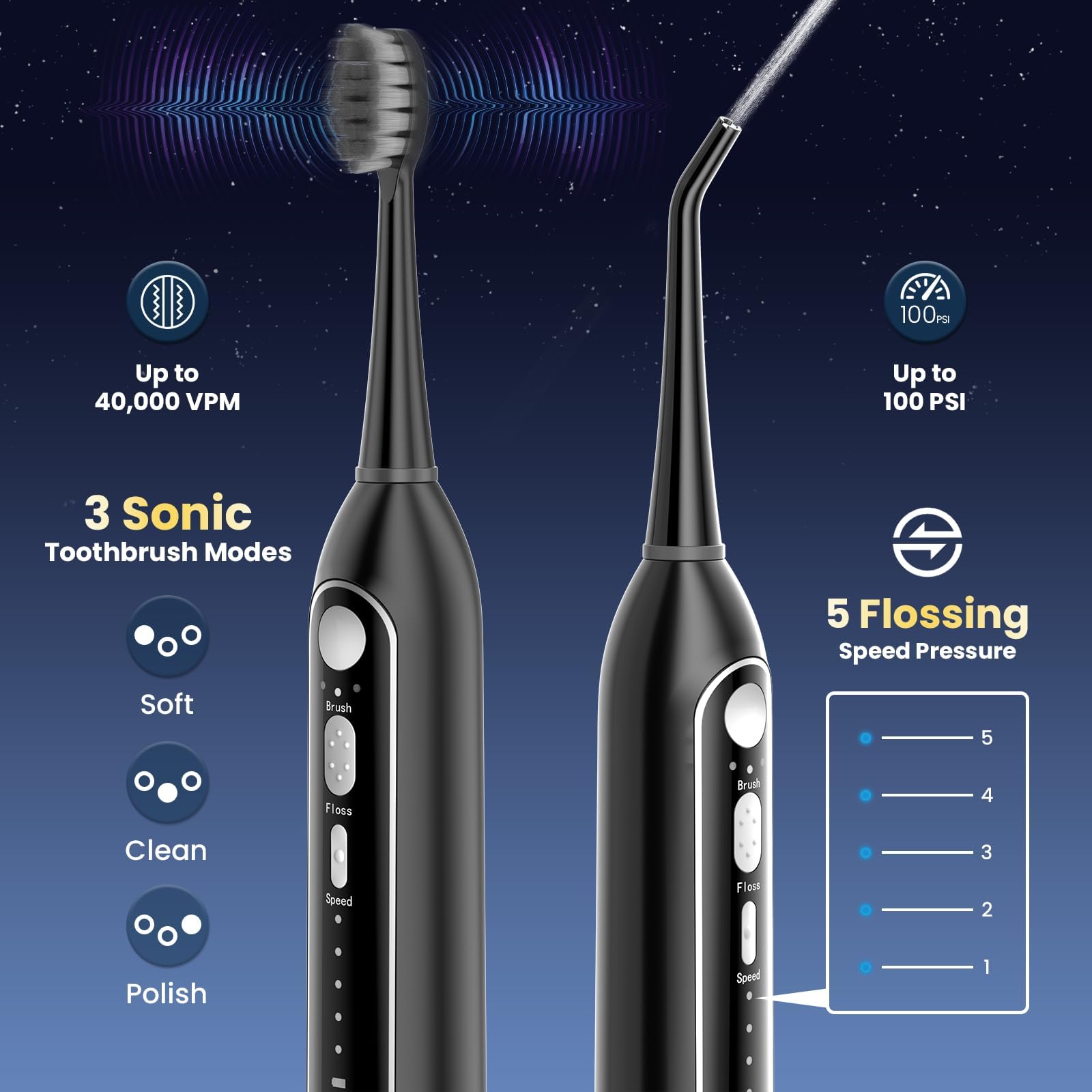 Spazzolino elettrico 3 in 1 con idropulsore, tazza da 330 ml, nero