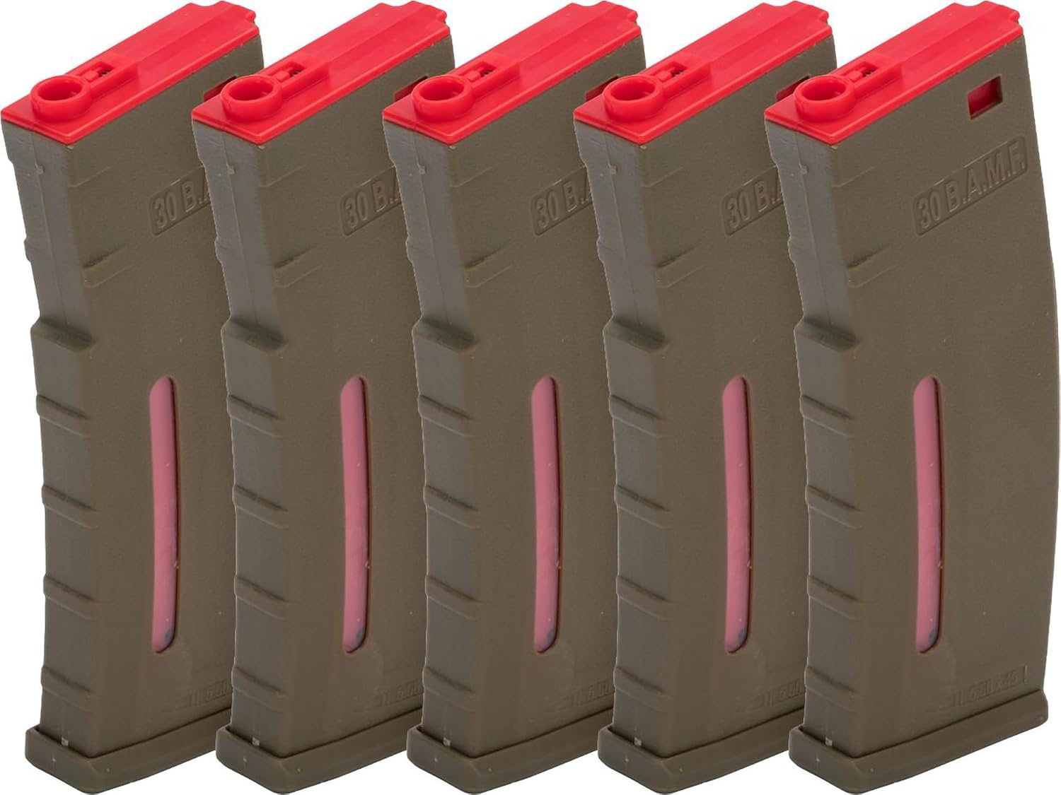 Evike Airsoft - BAMF 30rd Polymer MilSim Mag for M4-Style Series Airsoft AEGs (Color: Tan & Red/Pack of 5)