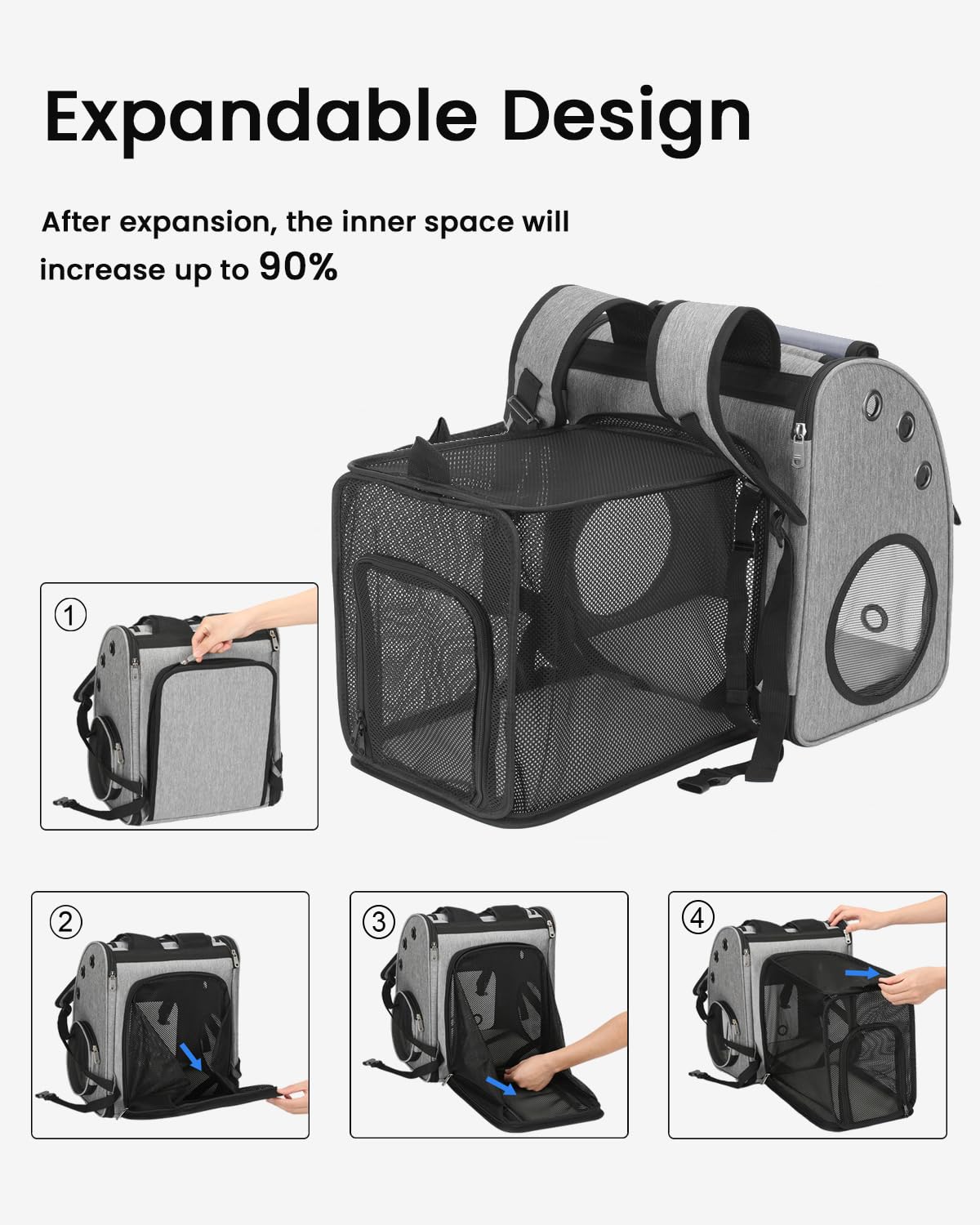 Mochila transportadora de Mascotas expandible para Gatos, Perros y Animales pequeños, transportador de Viaje portátil para Mascotas, diseño súper ventilado, Aprobado por aerolíneas, Ideal para