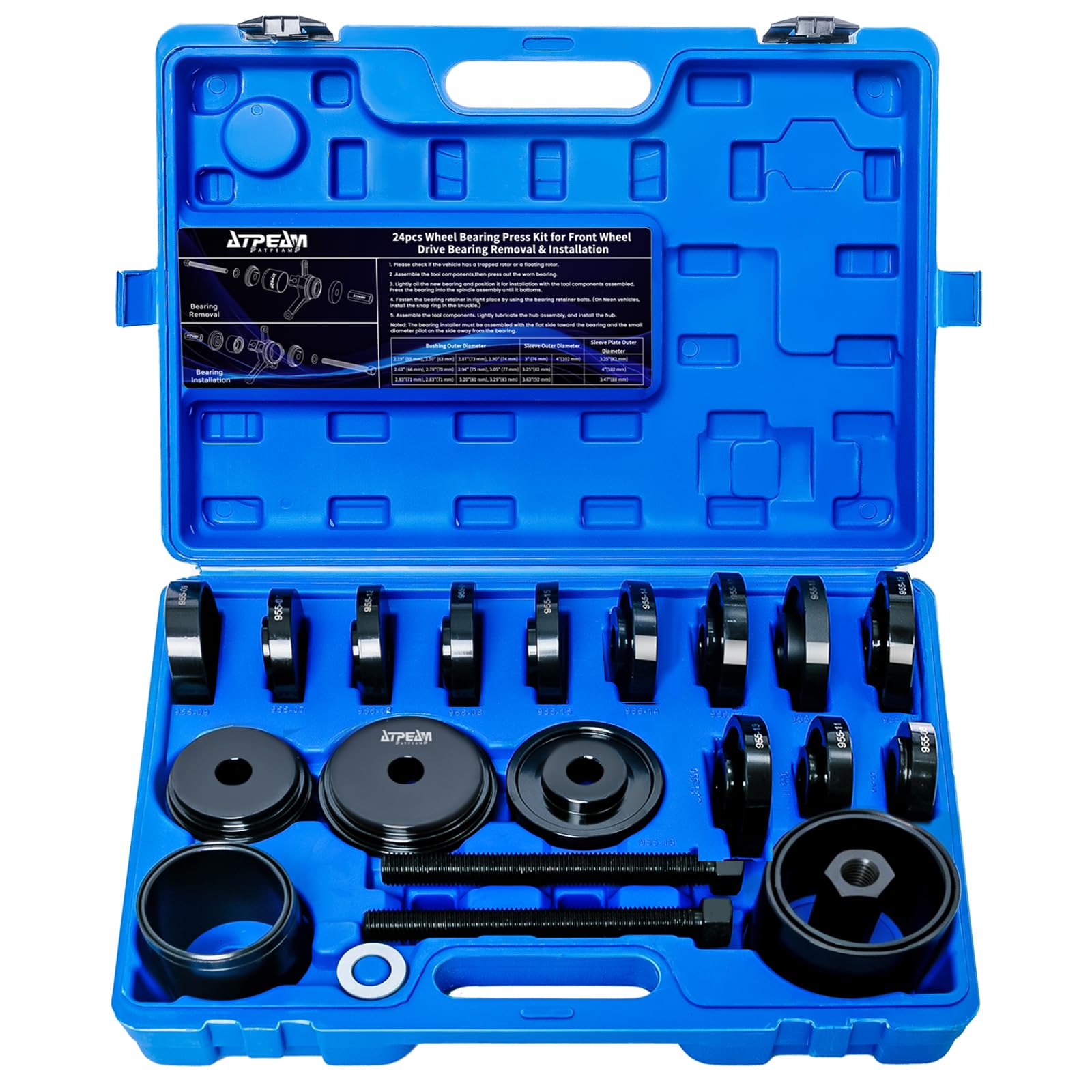 ATPEAM Bearing Puller Tool Set 24 Pieces, Professional Kit for Front Wheel Bearing Removal and Installation