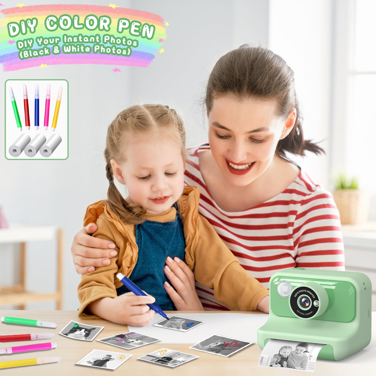 Hangrui Camara Fotos Infantil Instantanea, 2,4 Pulgadas Camara Fotos Infantil con Tarjeta de 32G, 1080P Cámara Instantánea para Niños con Papel de Impresión y Bolígrafos de Colores, Regalos Juguete — view 7