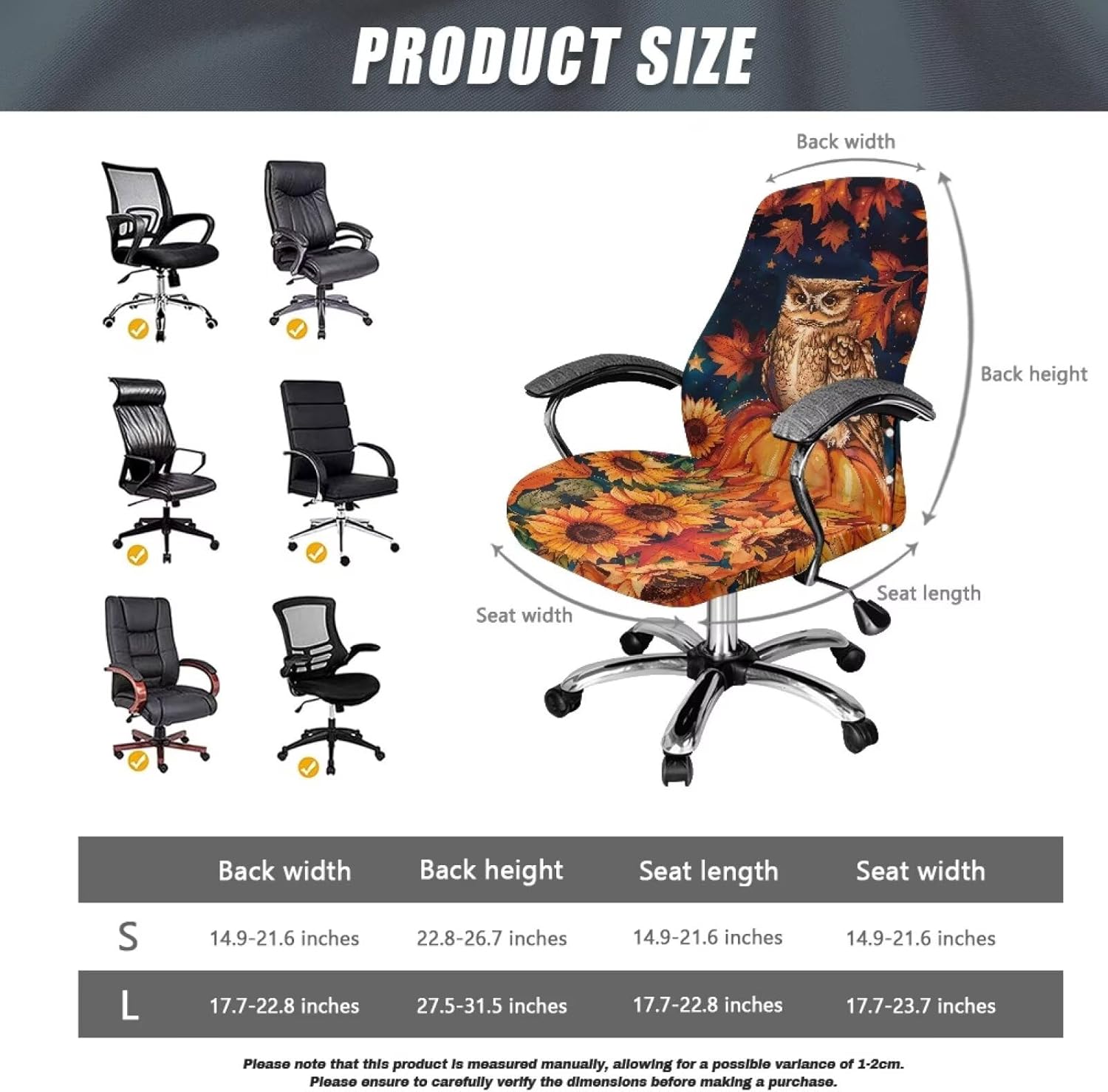 Sunflower Owl Office Desk Chair Cover Ultra Soft Stretch Rotating Boss Computer Chair Slipcovers, Pet-Proof Furniture Protector, Universal Fit, Size L
