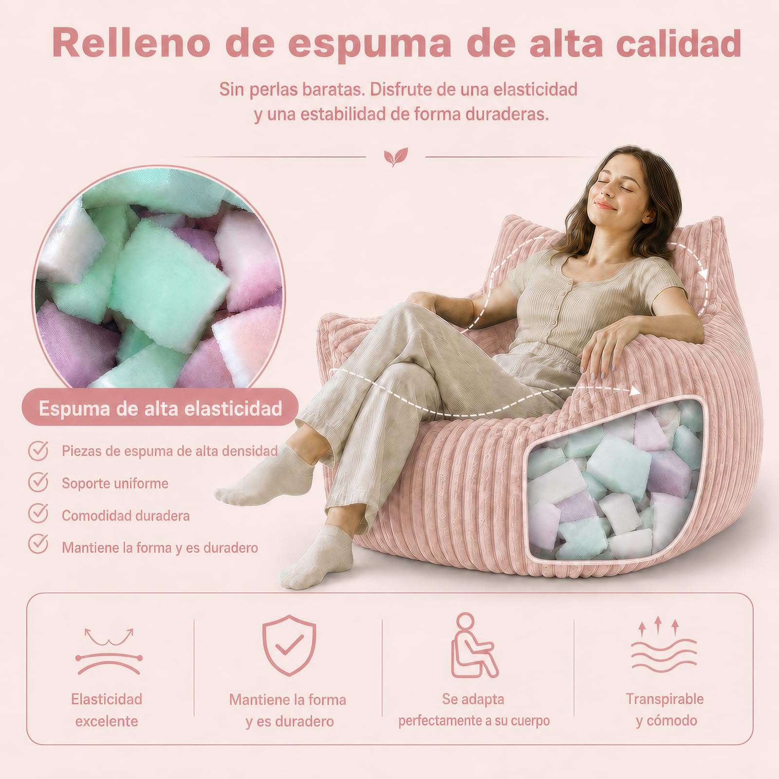 Pouf XXL pour adultes avec ottoman – Fauteuil inclinable ergonomique avec 5 zones de soutien, housse de cordon, rembourrage en mousse à rebond élevé, gain de place pour salon (rose)
