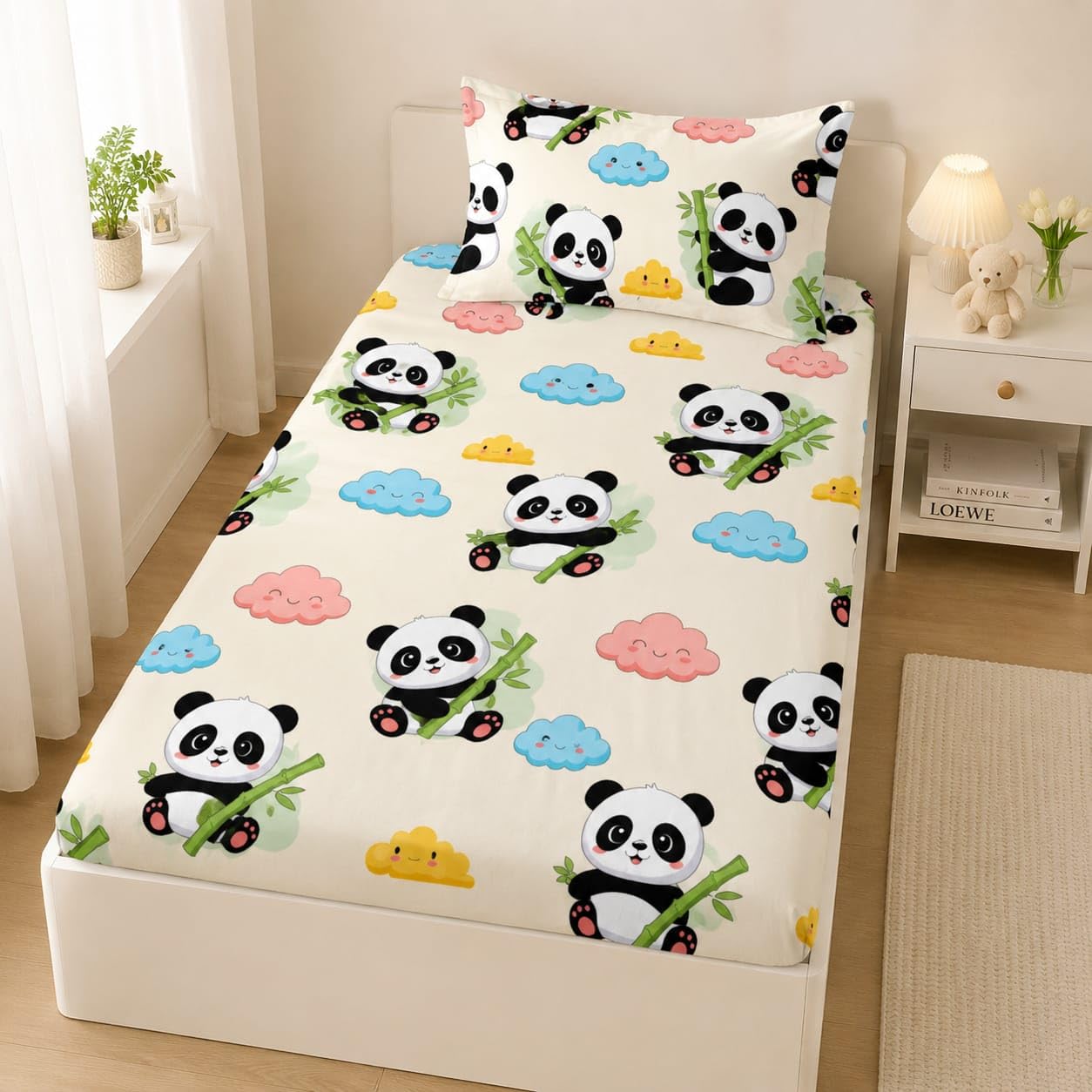 TURIYA 144 TC Set of 1 Pc Cartoon Printed Single Microfiber Bedsheet with 1 Pc Pillow Cover; 60x90 inches; Panda-image-35