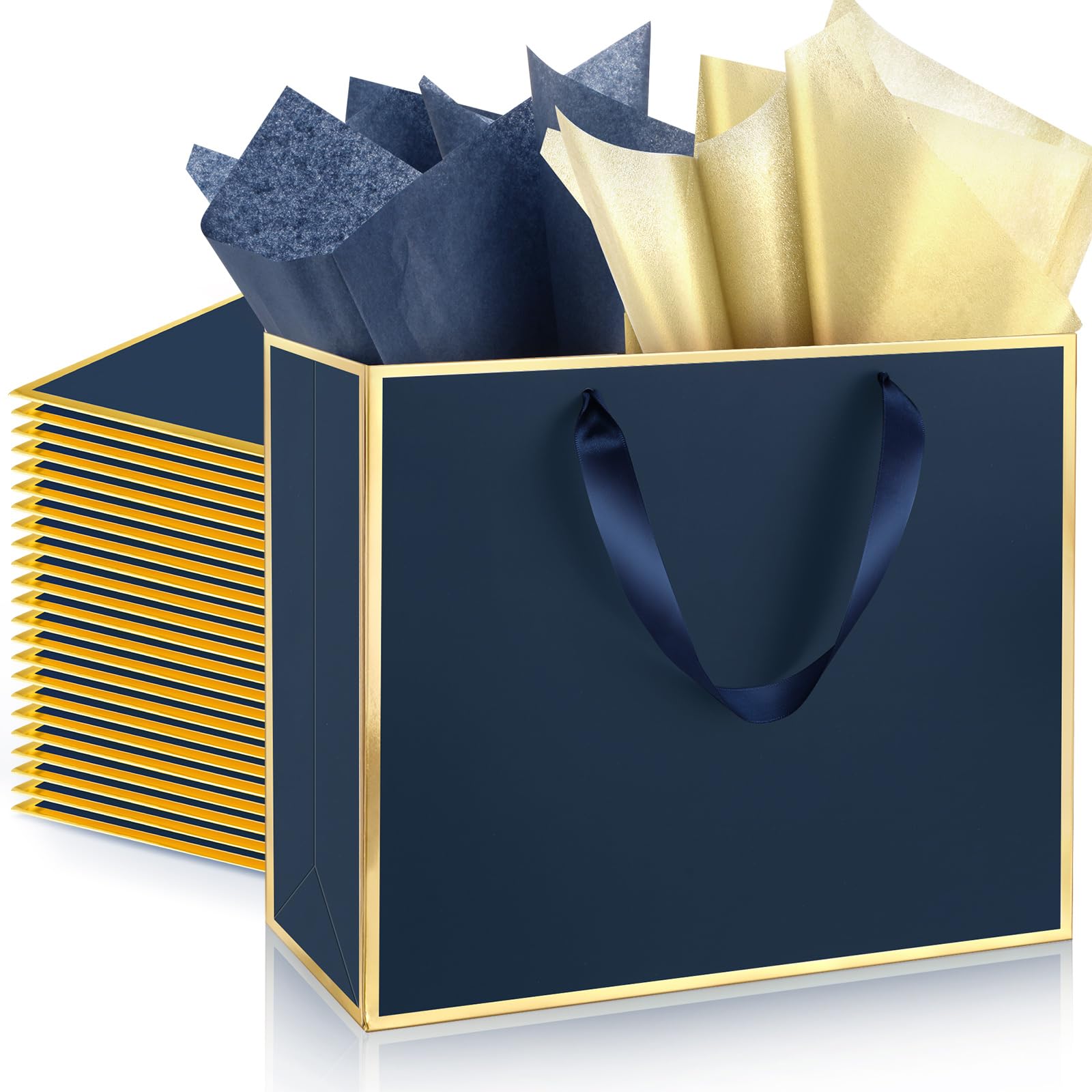 ReliThick 24 Pack Metallic Paper Gift Bag with Handles and Tissue Paper 11.8 x 10 x 4'' Thank You Favor Bag for Wedding Bridesmaid Groomsmen 5 Senses Birthday Gifts (Navy Blue Gold)
