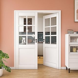 60" x 80" Clear Glass Slab Door, 6-Lite Glass French Interior Door, Pre-Assembled 1-Panel Solid Wood Barn, Pocket Doors for Living Room Pantry Laundry Closet White Pre-Finished Surface w/o Hardware