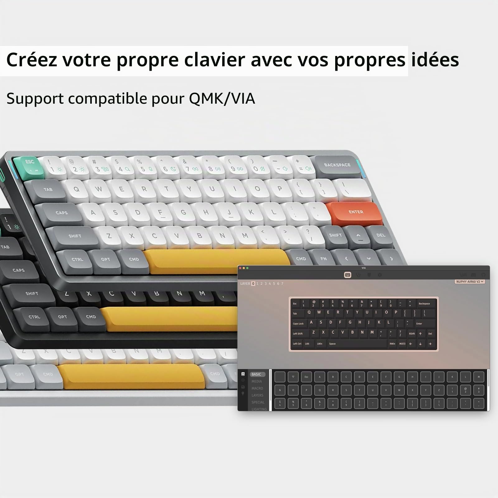 nuphy Air60 V2 Mini clavier mécanique portable sans fil avec éclairage, prise en charge QMK/VIA compatible avec Windows/Mac OS/Linux pour Bluetooth 5.1/2.4GHz/(USB-C)-Grey Gateron Moss Switch